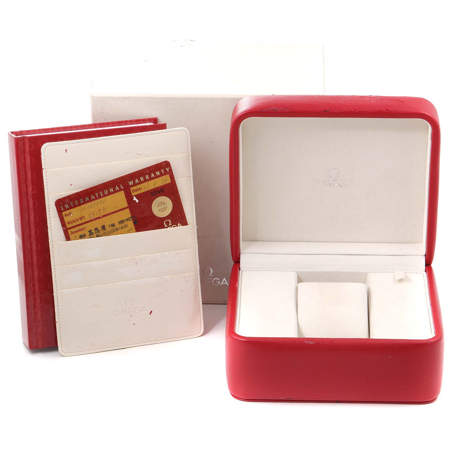 The image shows an Omega Speedmaster 3513.30.00 Men
s Stainless Steel Silver Dial 3513.30.00 Men
s Stainless Steel Silver Dial watch box, warranty card, and wallet.