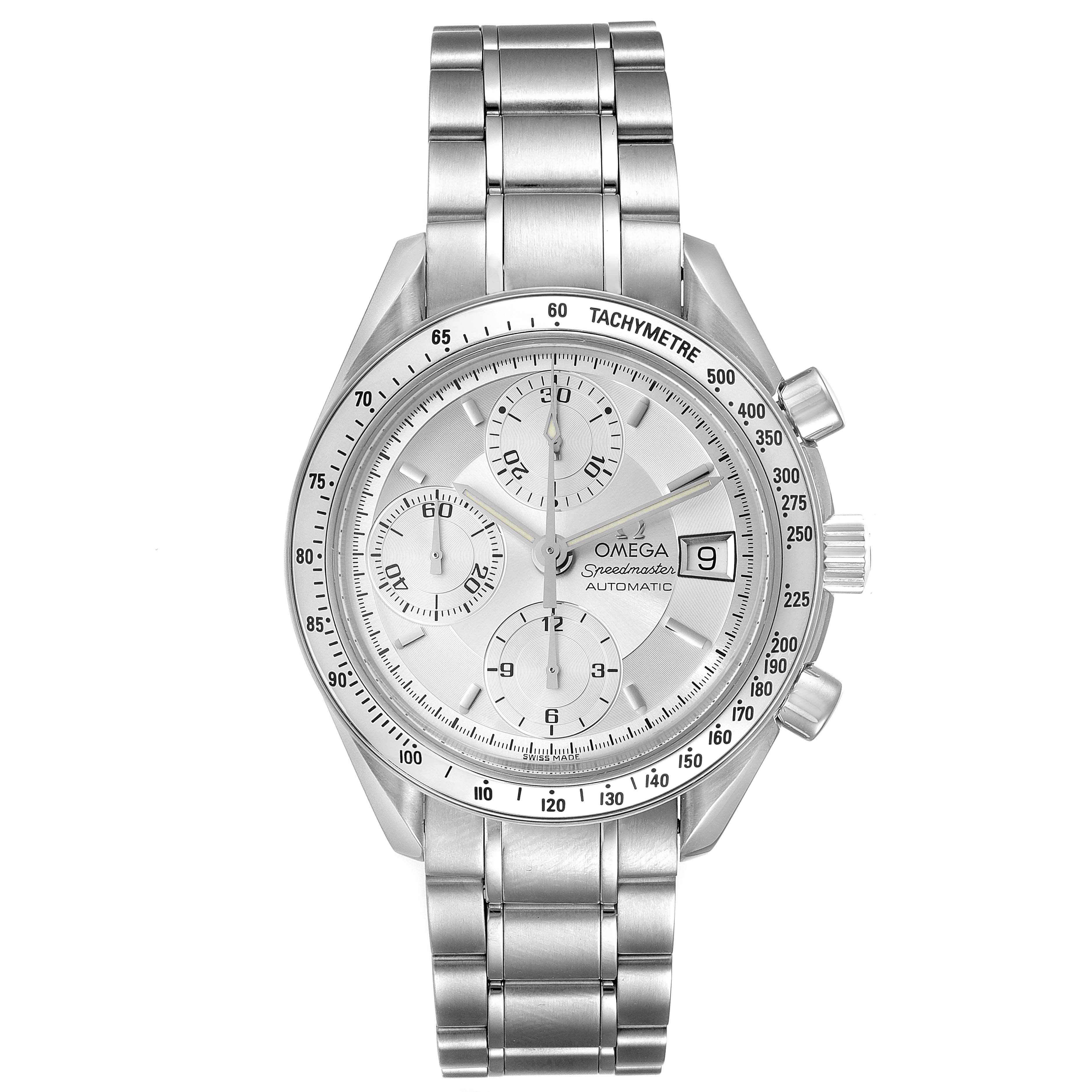 This image shows a frontal view of an Omega Speedmaster 3513.30.00 Men
s Stainless Steel Silver Dial 3513.30.00 Men
s Stainless Steel Silver Dial watch, displaying the dial, chronograph sub-dials, and bracelet.