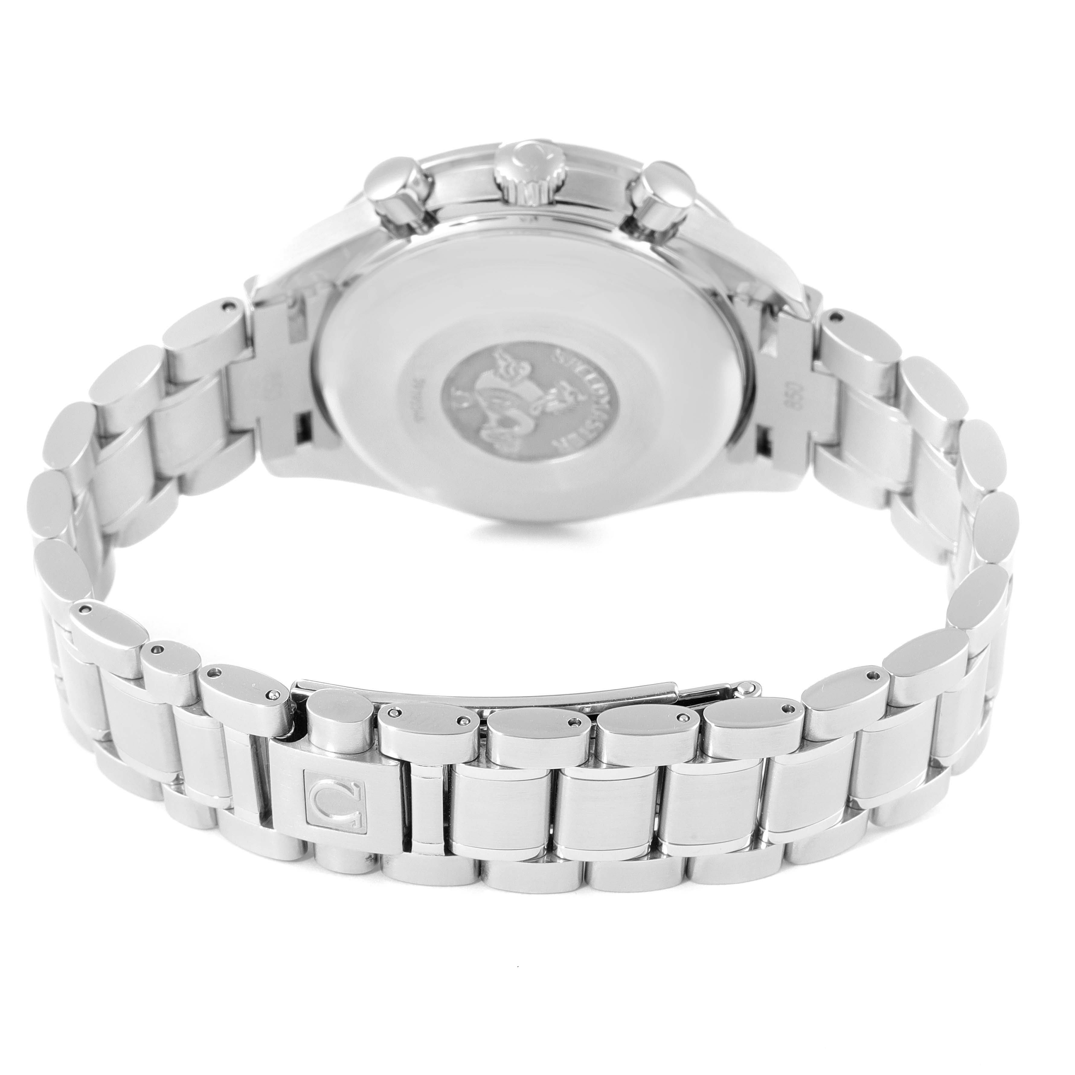 The image shows the back and bracelet of an Omega Speedmaster 3513.30.00 Men
s Stainless Steel Silver Dial 3513.30.00 Men
s Stainless Steel Silver Dial watch, focusing on the case back and metal links.