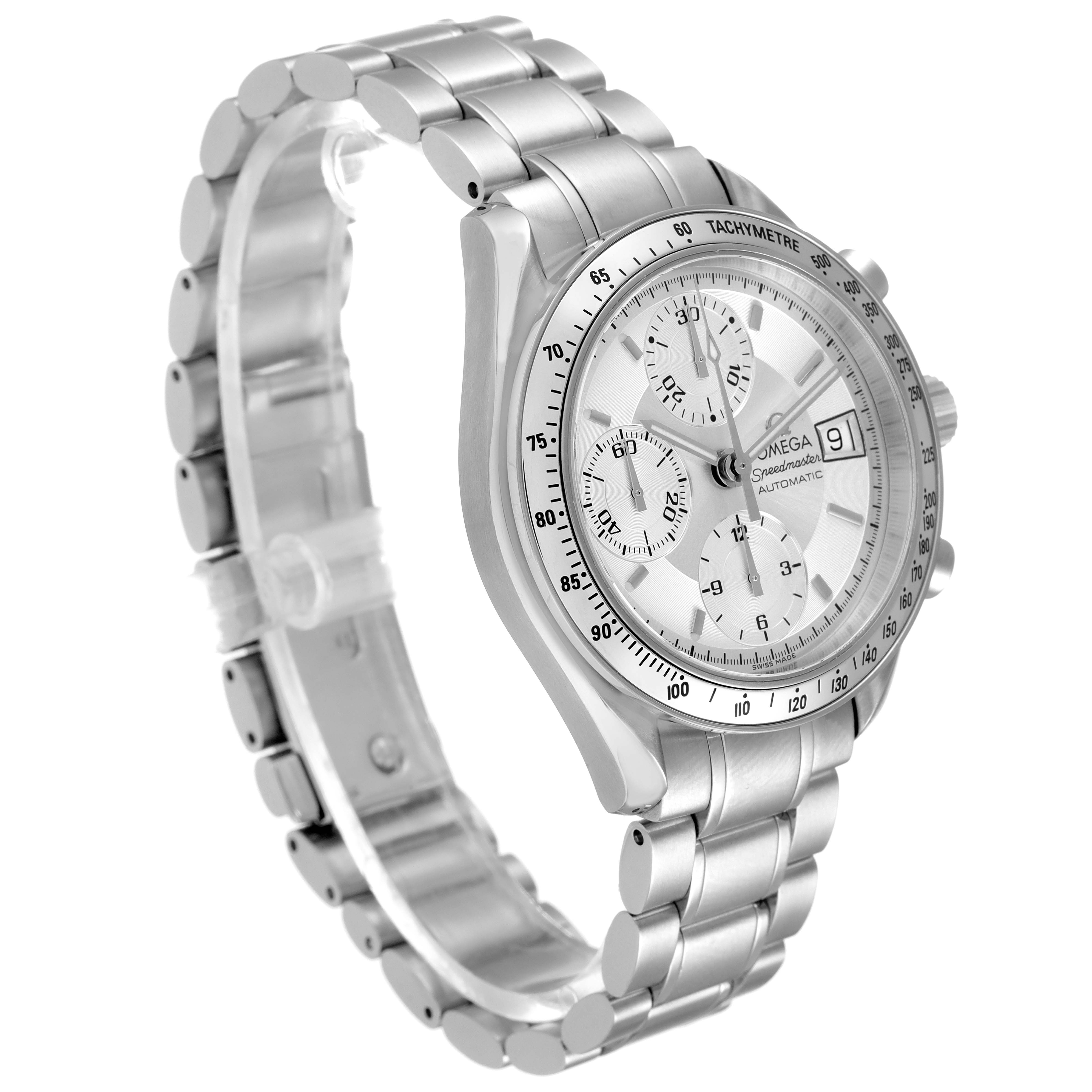 This is a side angle view of the Omega Speedmaster 3513.30.00 Men
s Stainless Steel Silver Dial 3513.30.00 Men
s Stainless Steel Silver Dial watch, showcasing its dial, tachymeter, and bracelet.