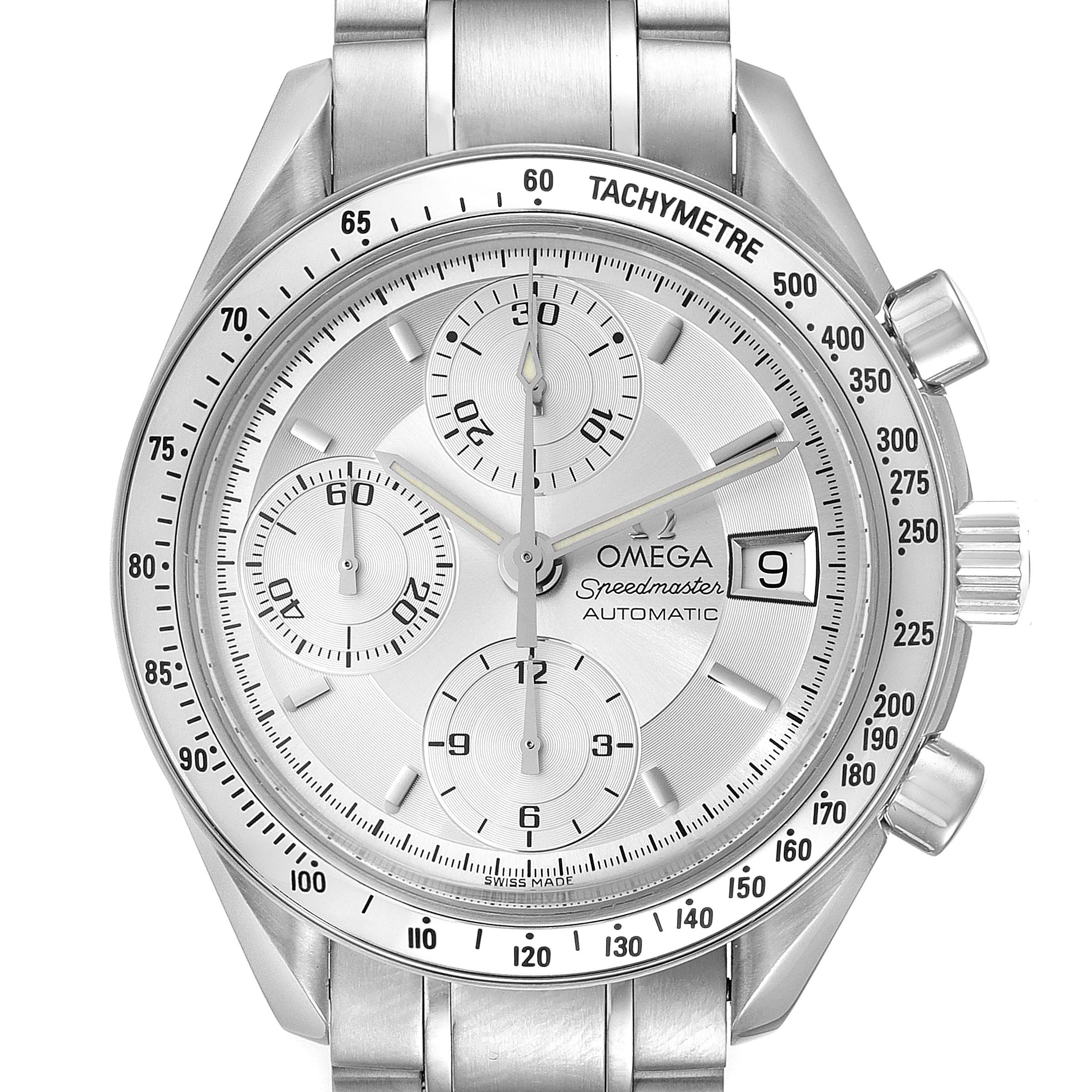 The image shows a front view of the Omega Speedmaster 3513.30.00 Men
s Stainless Steel Silver Dial 3513.30.00 Men
s Stainless Steel Silver Dial watch, displaying the chronograph, tachymeter, and date window.