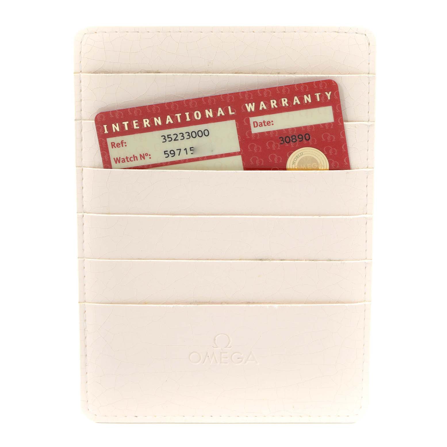 The image shows an Omega Speedmaster 3523.30.00 Men's Stainless Steel Silver Dial 3523.30.00 Men's Stainless Steel Silver Dial warranty card in a white cardholder.