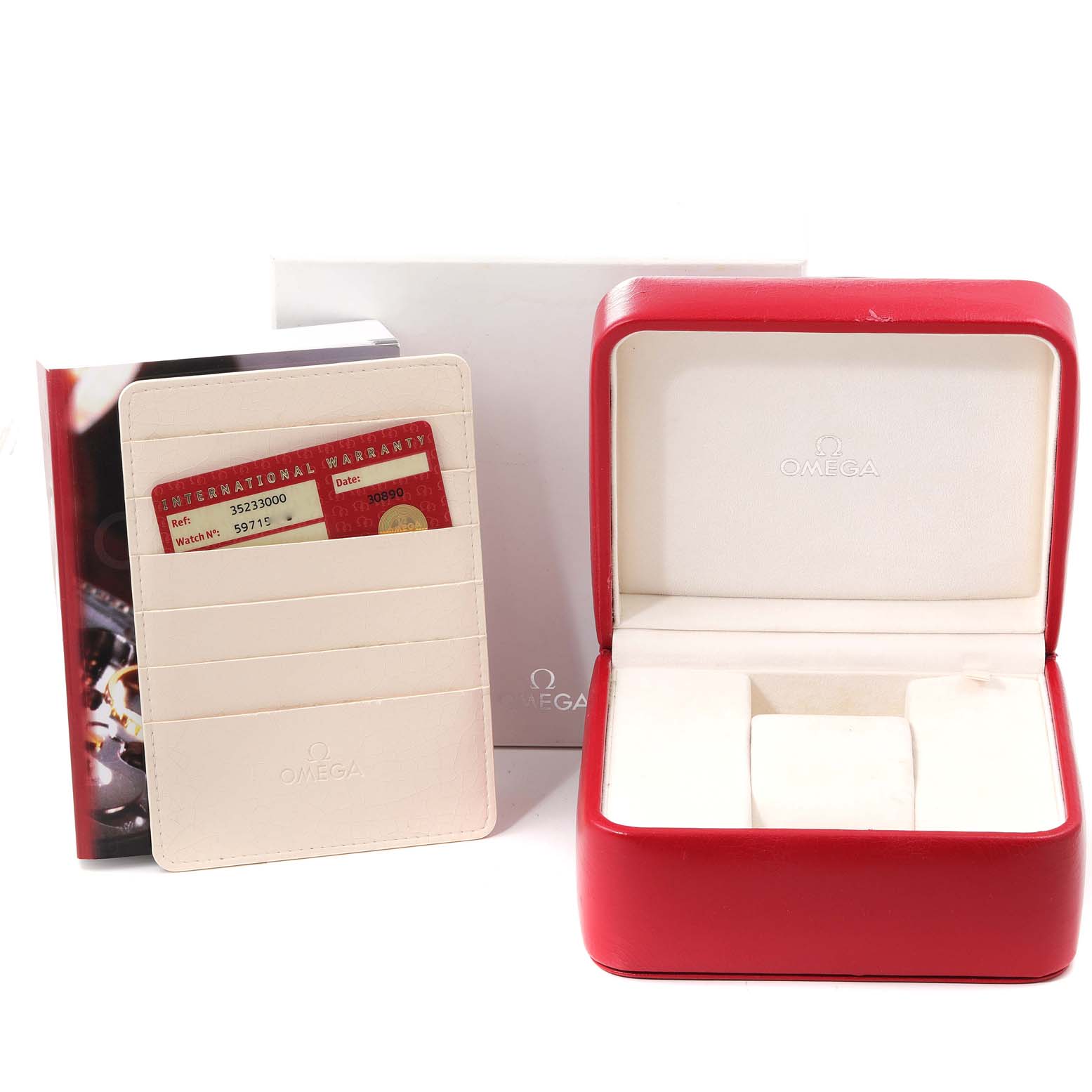 The image shows the packaging, warranty card, and cardholder for an Omega Speedmaster 3523.30.00 Men's Stainless Steel Silver Dial 3523.30.00 Men's Stainless Steel Silver Dial watch.