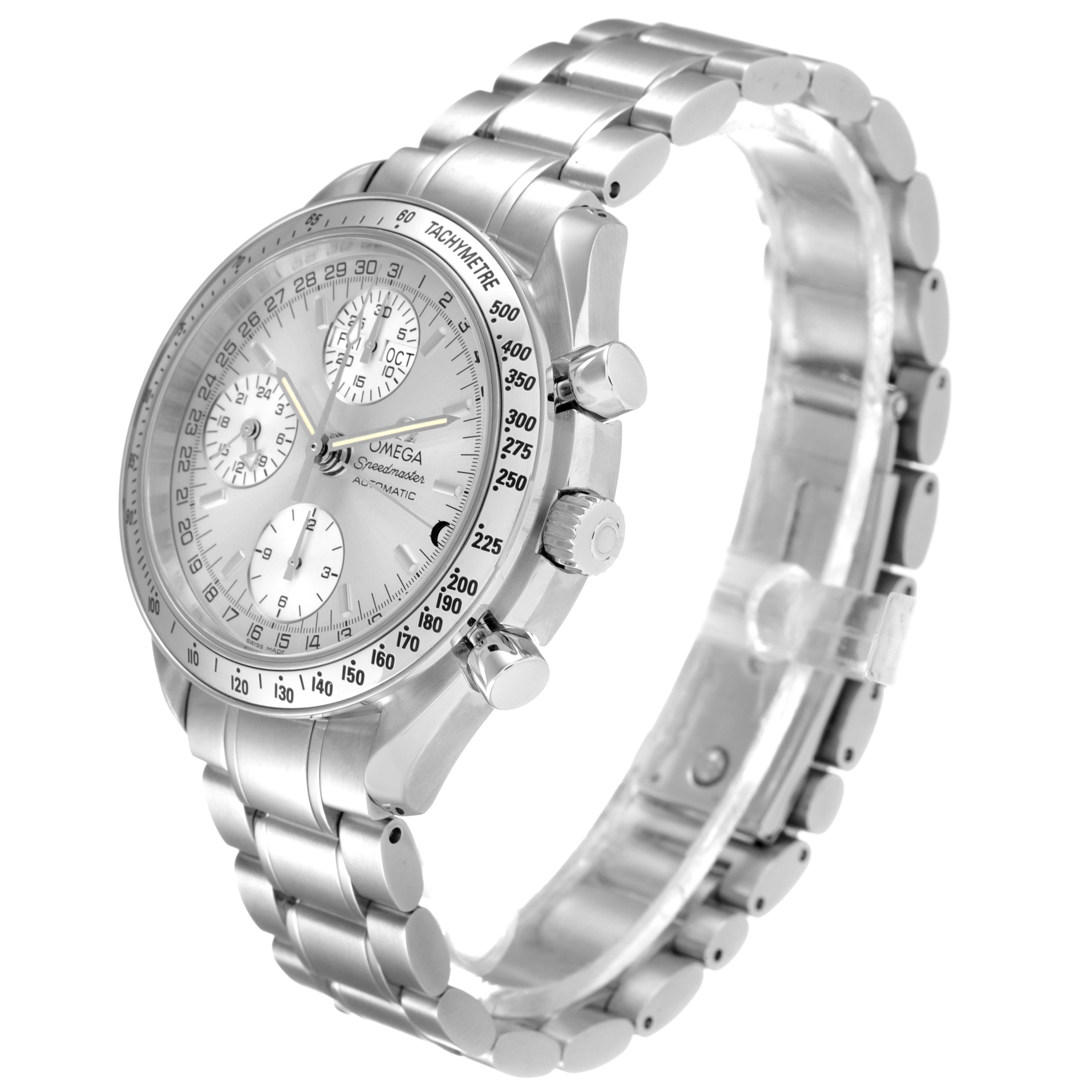 The image shows a side angle of the Omega Speedmaster 3523.30.00 Men's Stainless Steel Silver Dial 3523.30.00 Men's Stainless Steel Silver Dial watch, highlighting its dial, buttons, and metal bracelet.