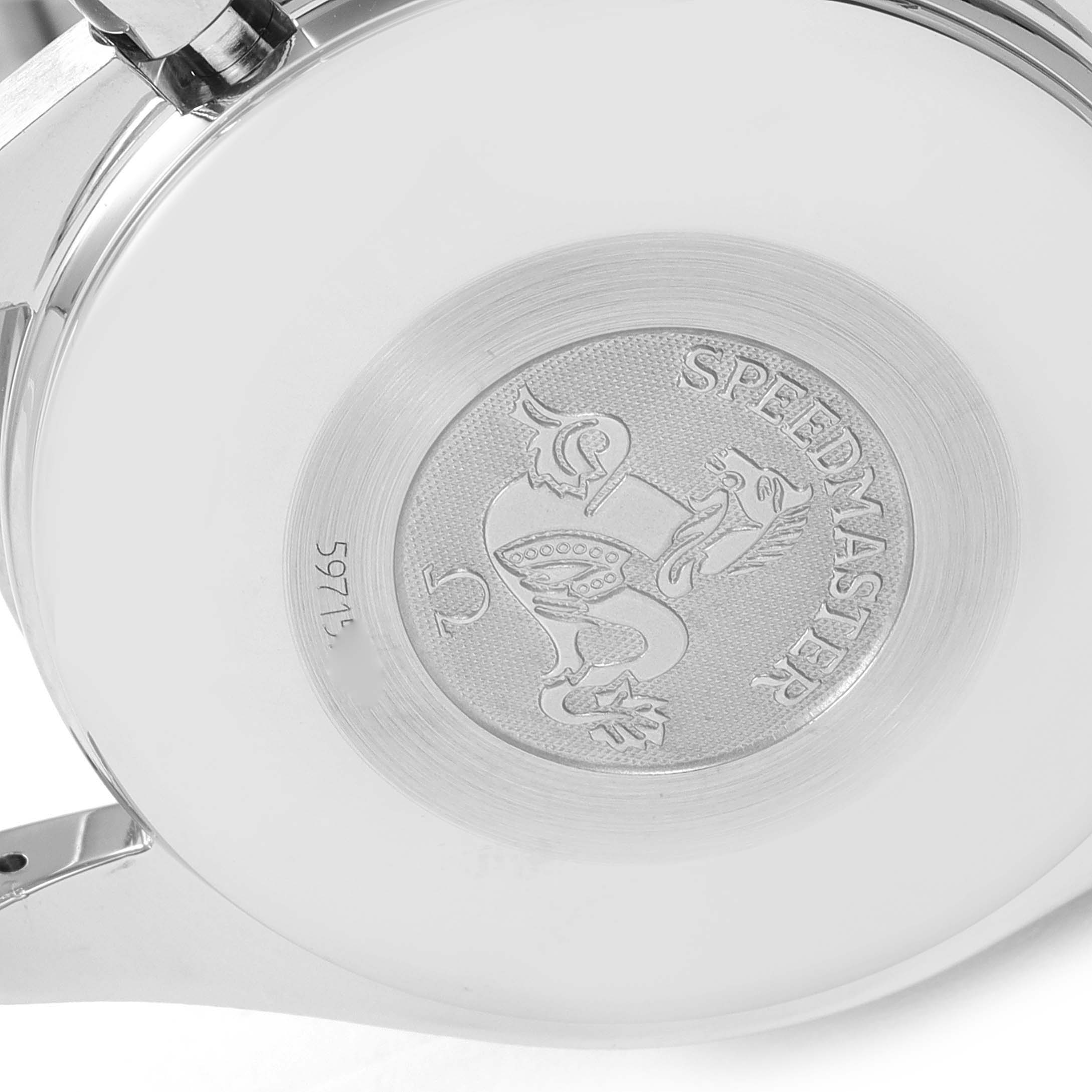 The image shows the case back of an Omega Speedmaster 3523.30.00 Men's Stainless Steel Silver Dial 3523.30.00 Men's Stainless Steel Silver Dial watch, featuring its engraved design and serial number.