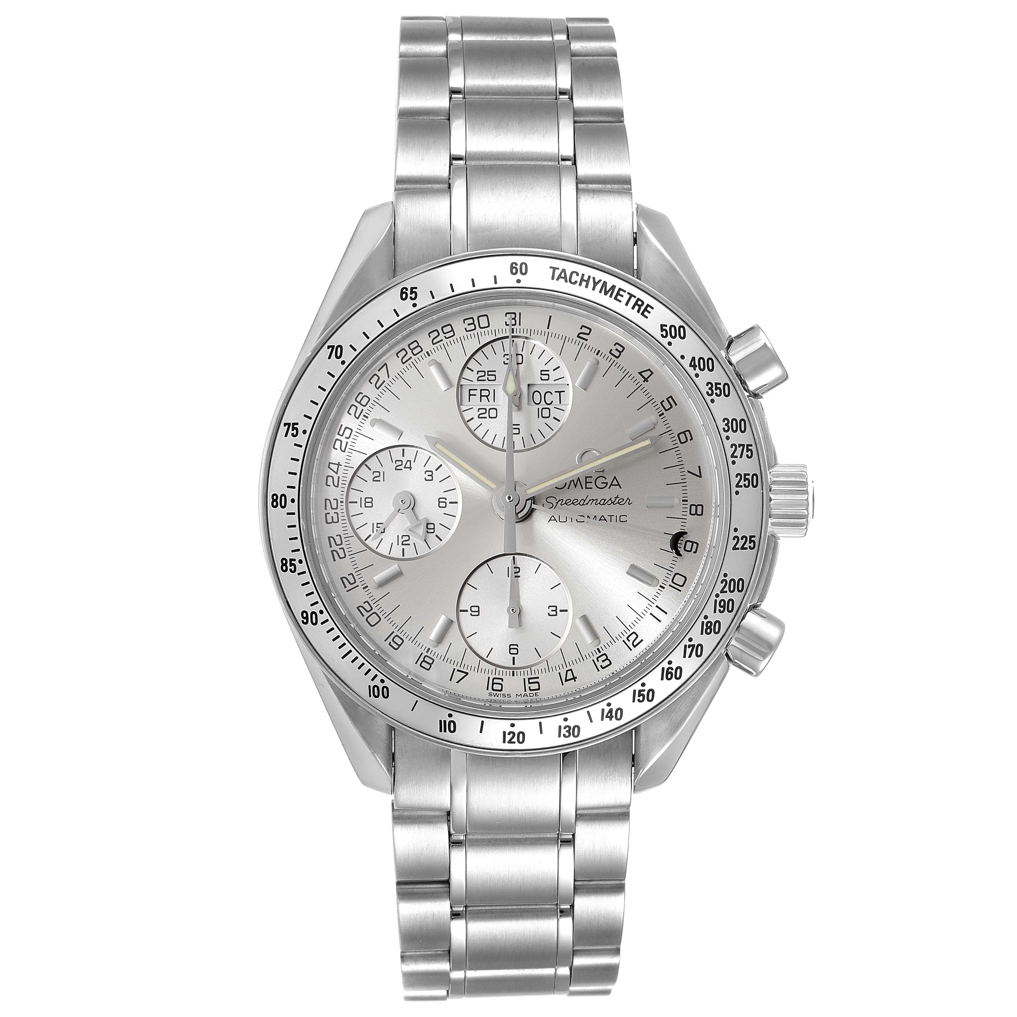 This image shows a frontal view of an Omega Speedmaster 3523.30.00 Men's Stainless Steel Silver Dial 3523.30.00 Men's Stainless Steel Silver Dial watch featuring the dial, subdials, and bracelet.