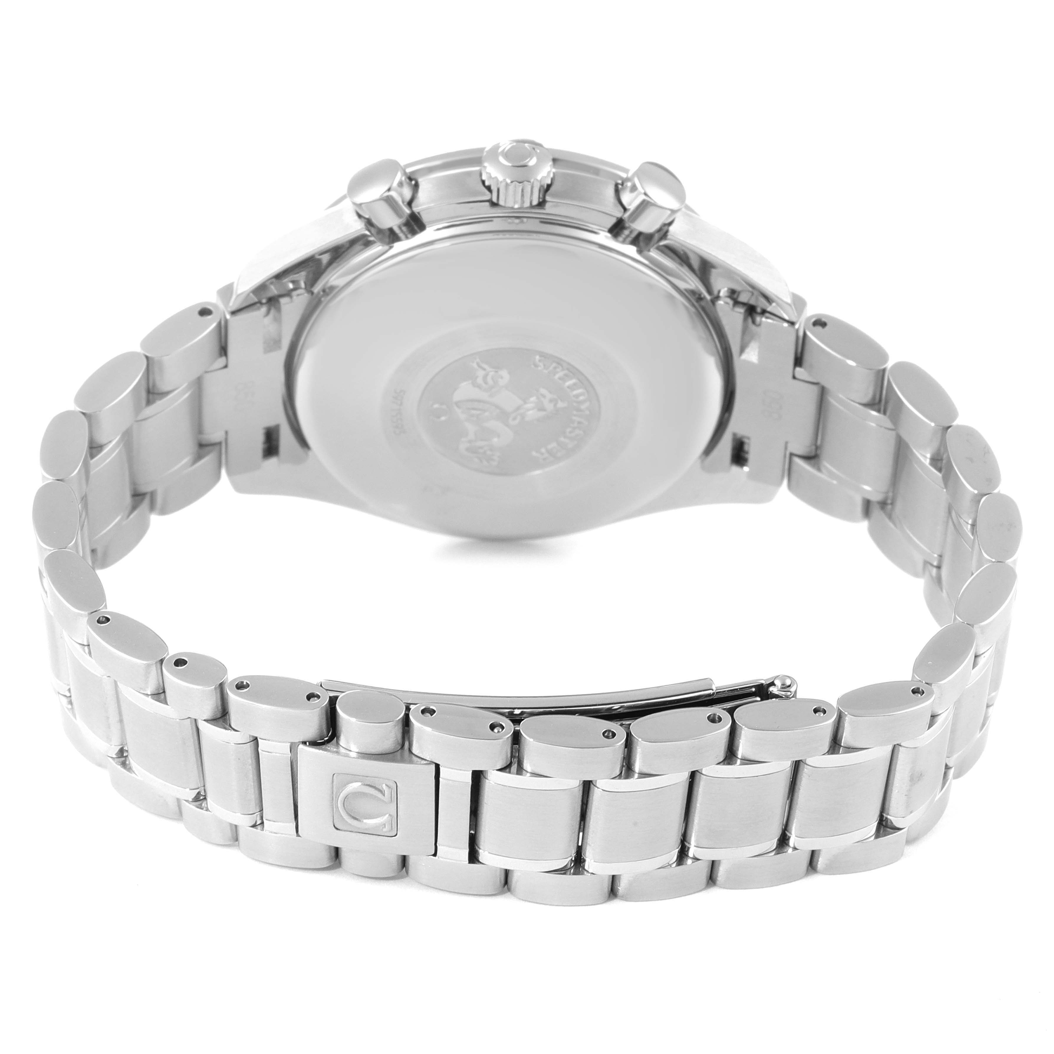 The image shows the back view of an Omega Speedmaster 3523.30.00 Men's Stainless Steel Silver Dial 3523.30.00 Men's Stainless Steel Silver Dial watch, highlighting the case back, crown, pushers, and metal bracelet.