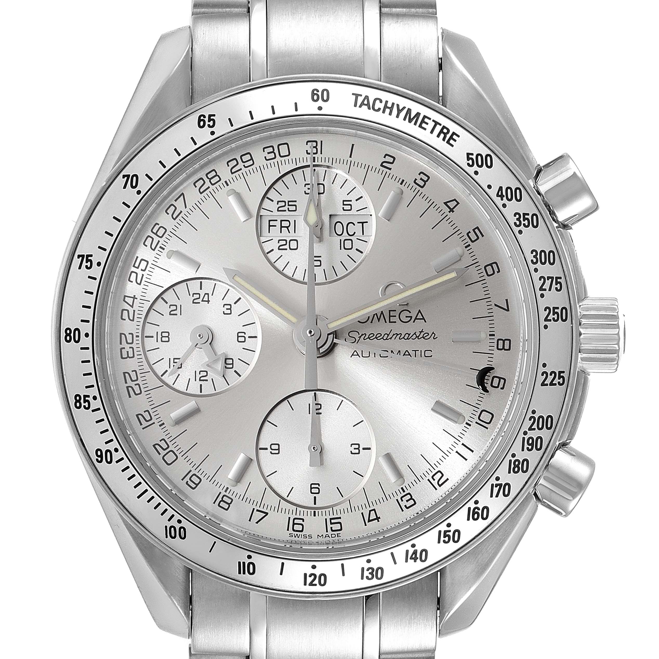 This image shows a front view of an Omega Speedmaster 3523.30.00 Men's Stainless Steel Silver Dial 3523.30.00 Men's Stainless Steel Silver Dial watch, highlighting its dial, subdials, and tachymeter bezel.