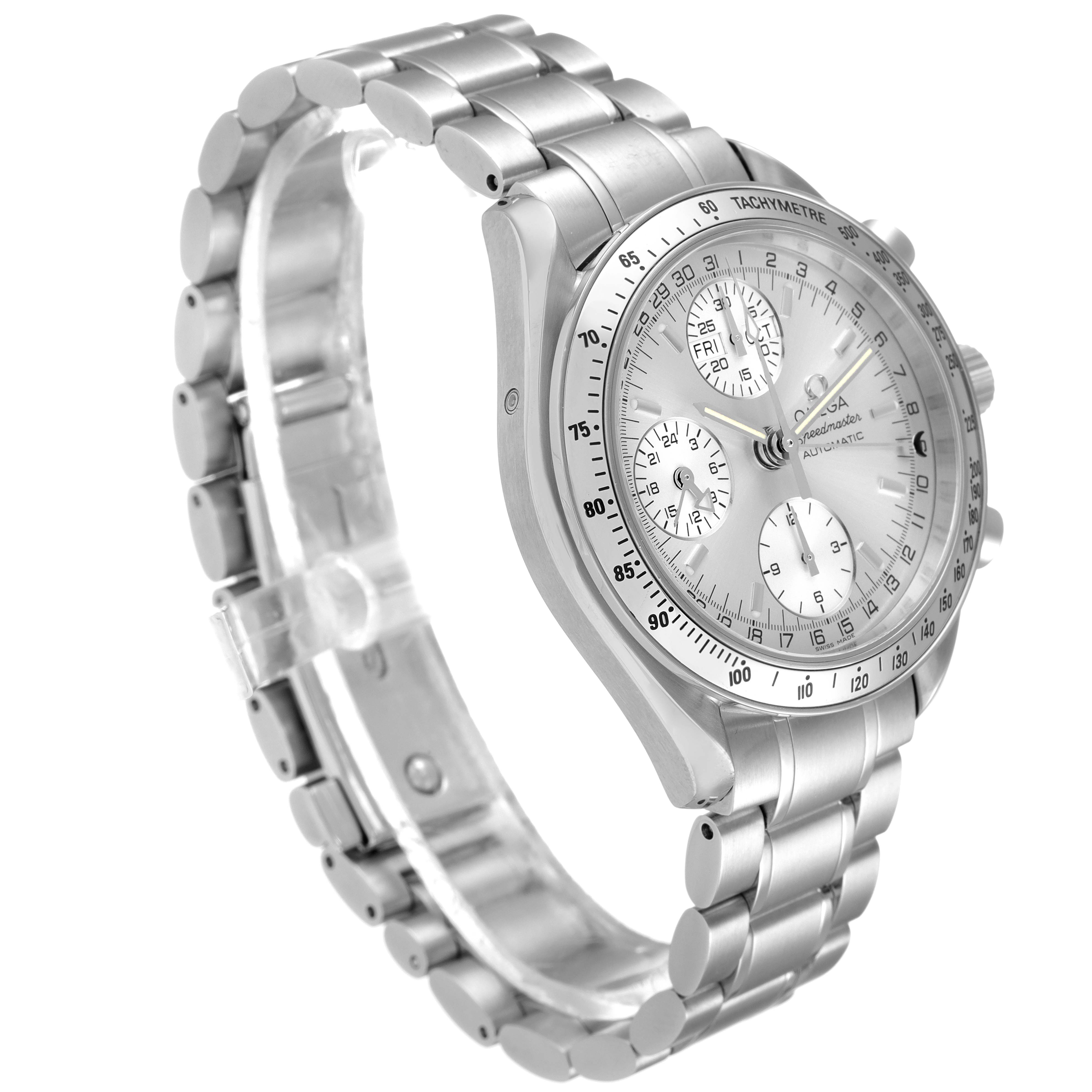 This Omega Speedmaster 3523.30.00 Men's Stainless Steel Silver Dial 3523.30.00 Men's Stainless Steel Silver Dial watch is shown from an angled side view, displaying the dial, tachymeter bezel, case, and bracelet.