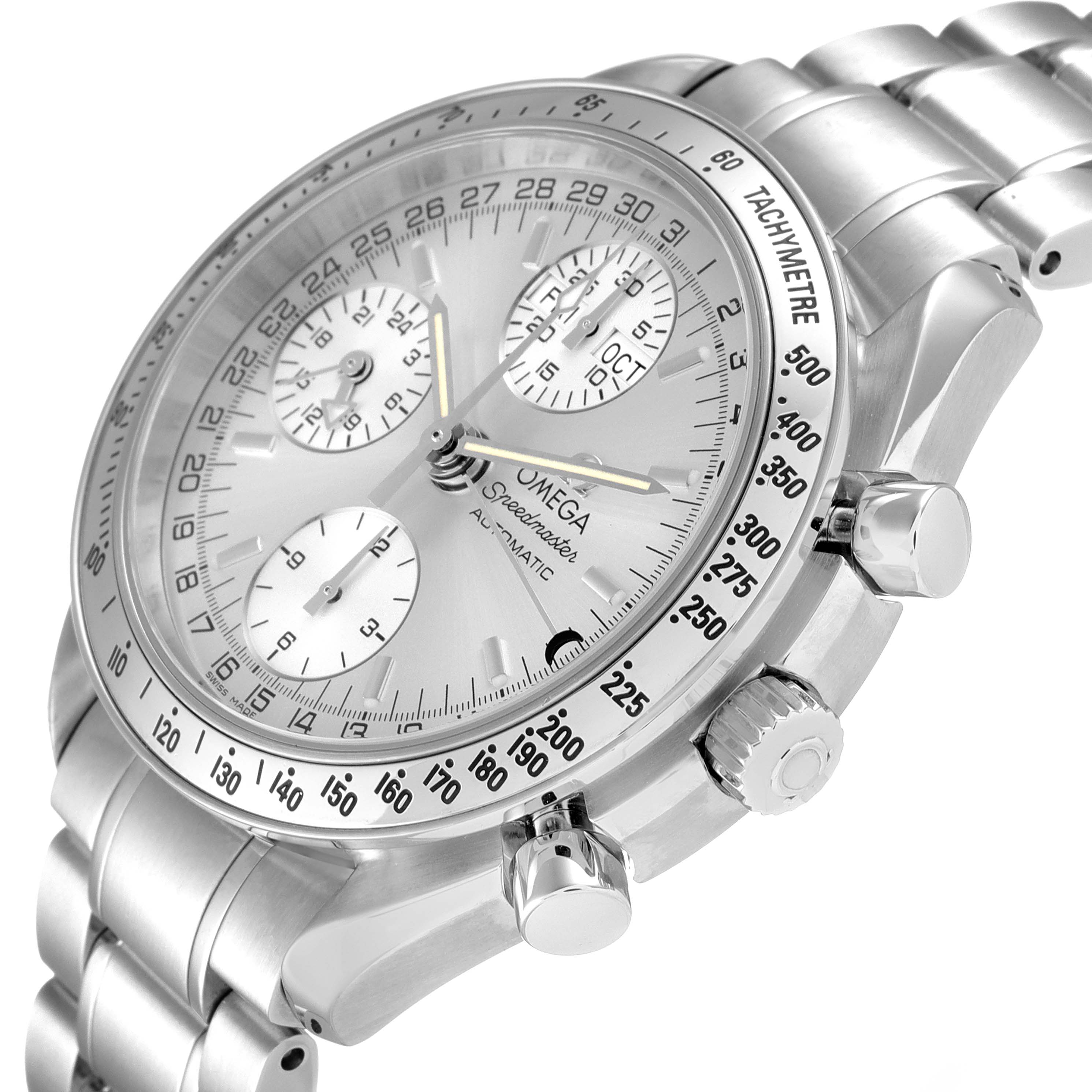 The Omega Speedmaster 3523.30.00 Men's Stainless Steel Silver Dial 3523.30.00 Men's Stainless Steel Silver Dial watch is shown at an angle highlighting the side and partial face, including the crown and pushers.