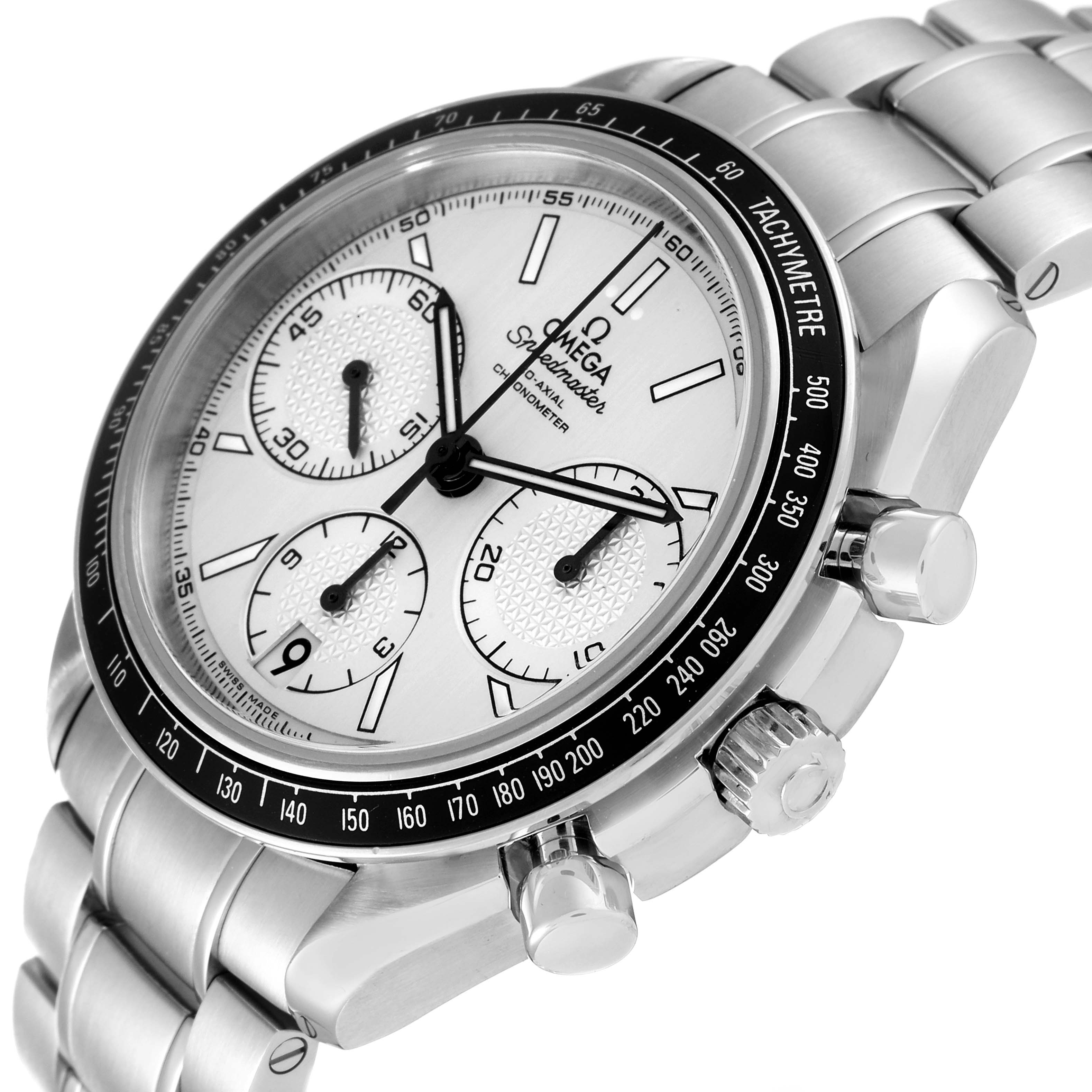 The Omega Speedmaster 326.30.40.50.02.001 Men's Stainless Steel Silver Dial 326.30.40.50.02.001 Men's Stainless Steel Silver Dial watch is shown at a three-quarter angle, highlighting the dial, bezel, pushers, and bracelet.