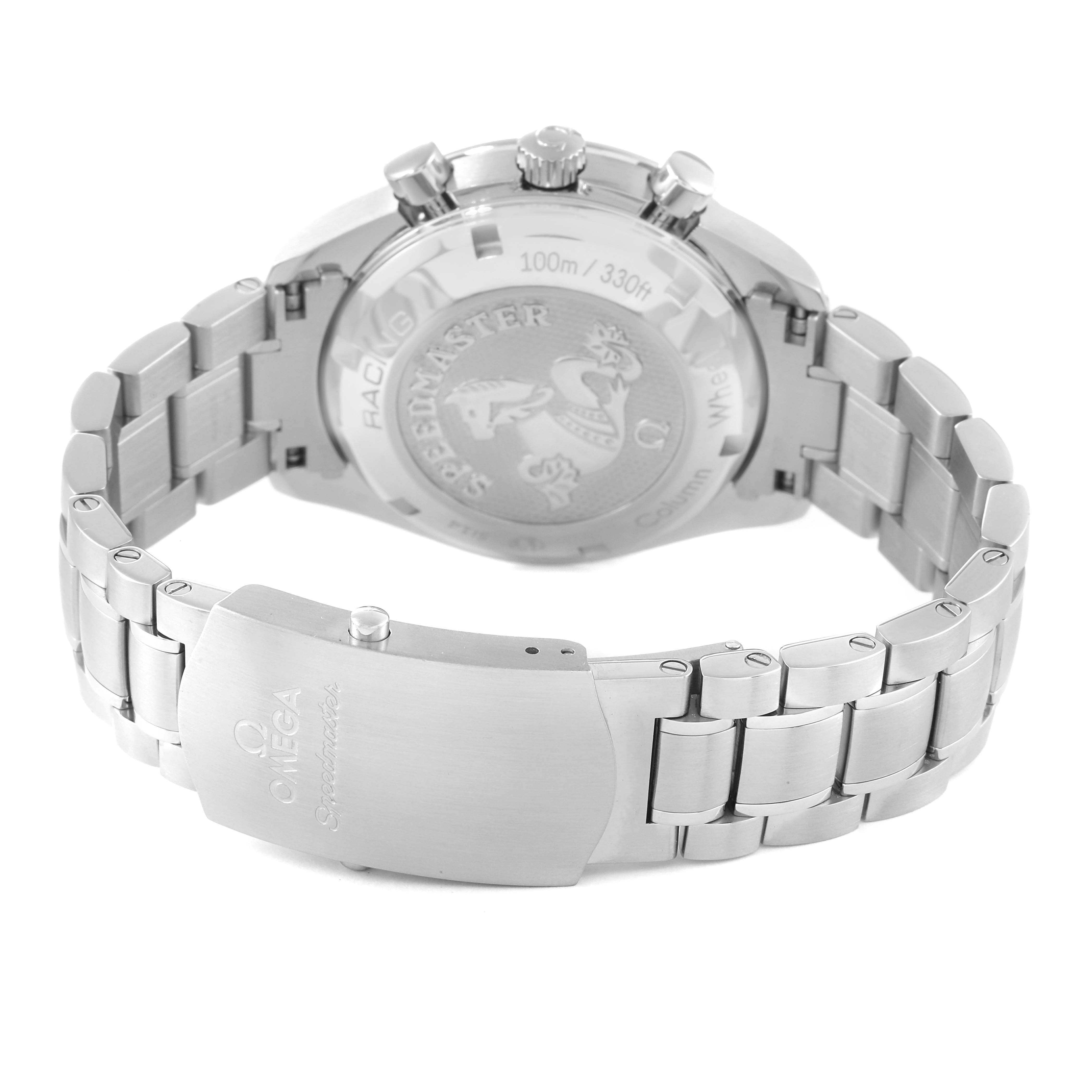 The image shows the back and clasp of an Omega Speedmaster 326.30.40.50.02.001 Men's Stainless Steel Silver Dial 326.30.40.50.02.001 Men's Stainless Steel Silver Dial watch, highlighting the engraved case back and metal bracelet.