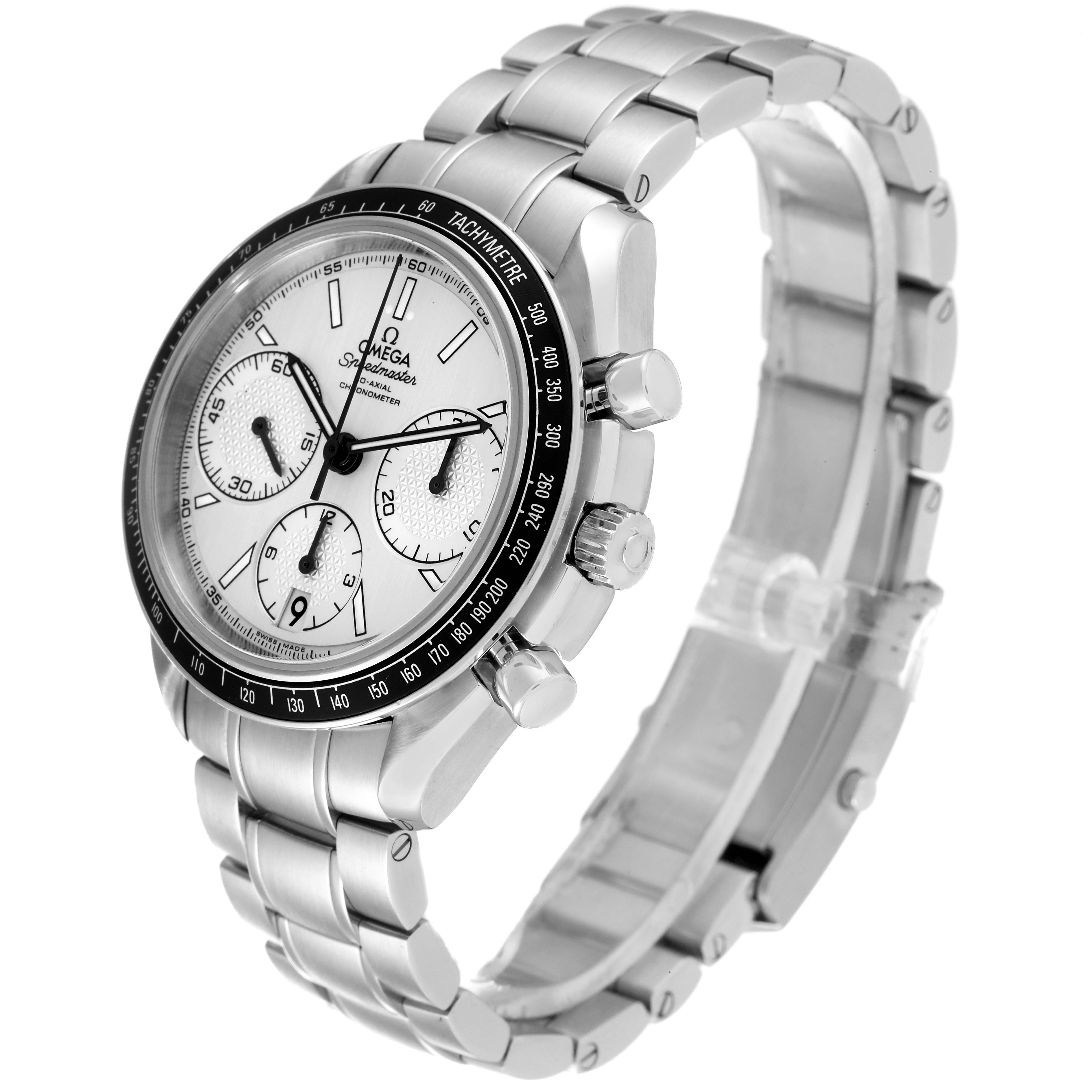 The image shows the Omega Speedmaster 326.30.40.50.02.001 Men's Stainless Steel Silver Dial 326.30.40.50.02.001 Men's Stainless Steel Silver Dial watch from a 3/4 angle, highlighting the face, bezel, and bracelet.