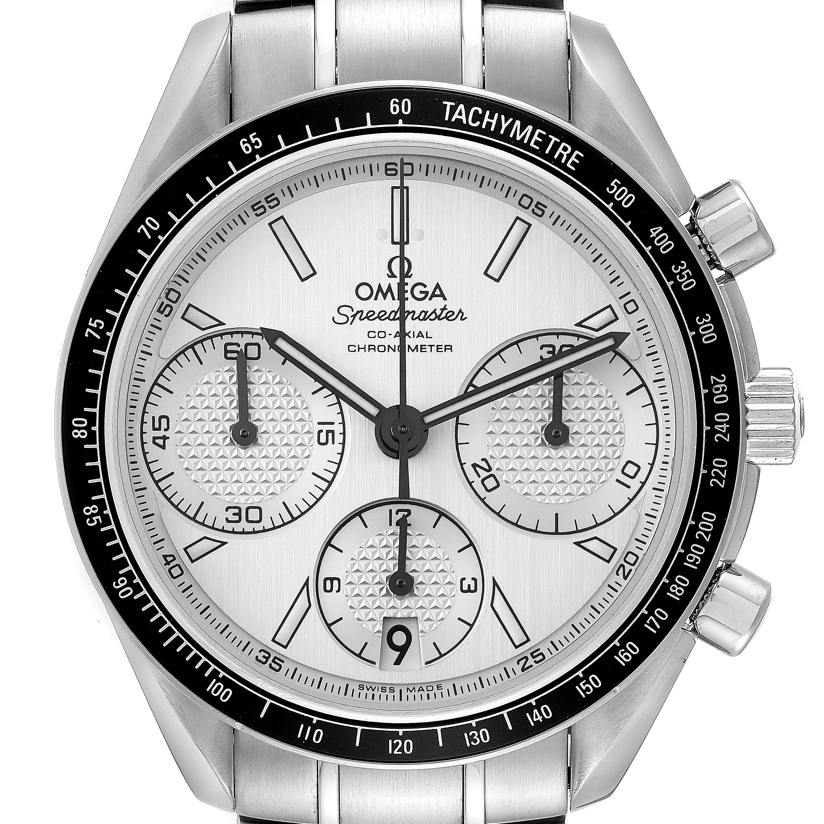The Omega Speedmaster 326.30.40.50.02.001 Men's Stainless Steel Silver Dial 326.30.40.50.02.001 Men's Stainless Steel Silver Dial watch is shown from a front angle, highlighting its dial, sub-dials, tachymeter bezel, and stainless steel bracelet.