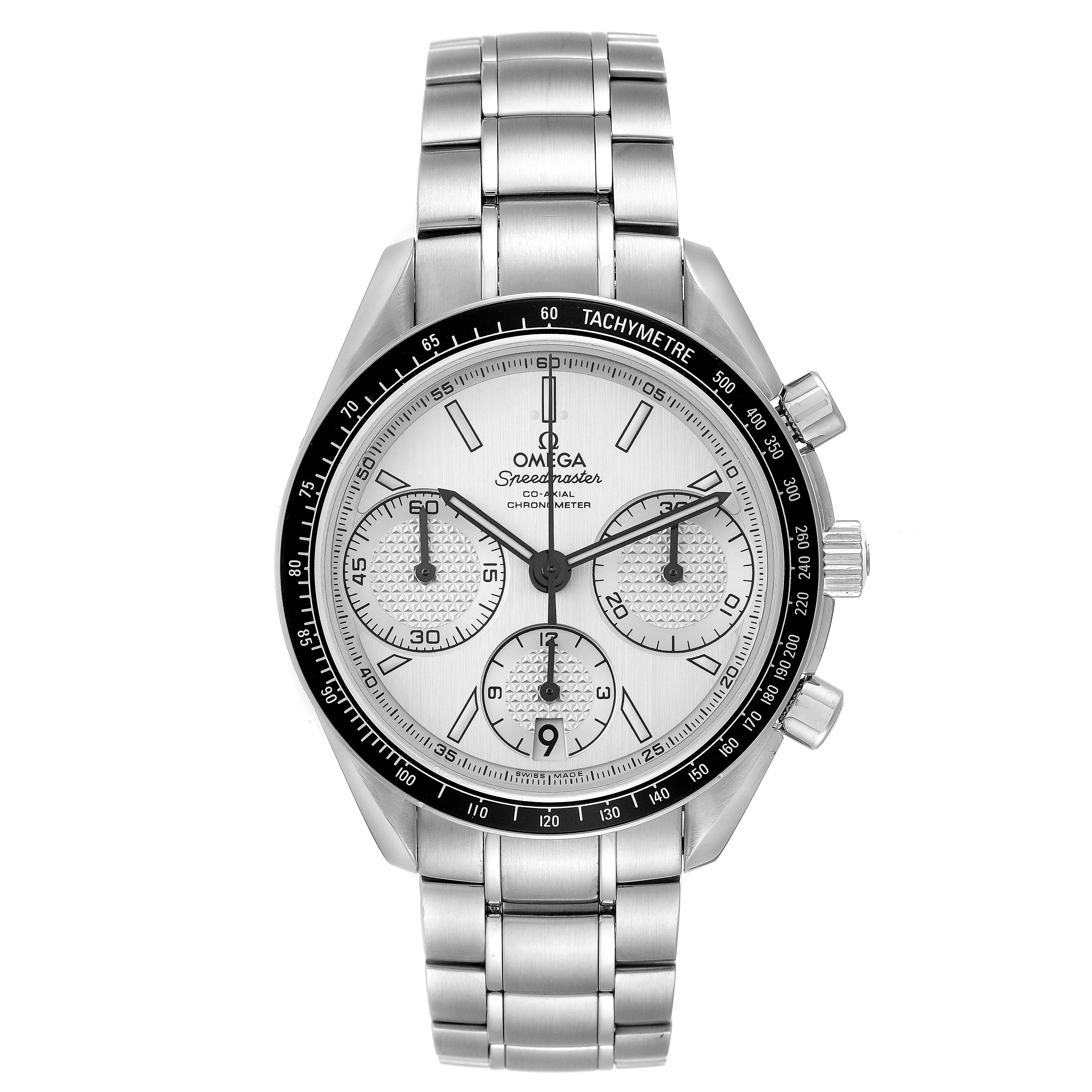 The image shows a front view of an Omega Speedmaster 326.30.40.50.02.001 Men's Stainless Steel Silver Dial 326.30.40.50.02.001 Men's Stainless Steel Silver Dial watch, highlighting the face, bezel, and metal bracelet.