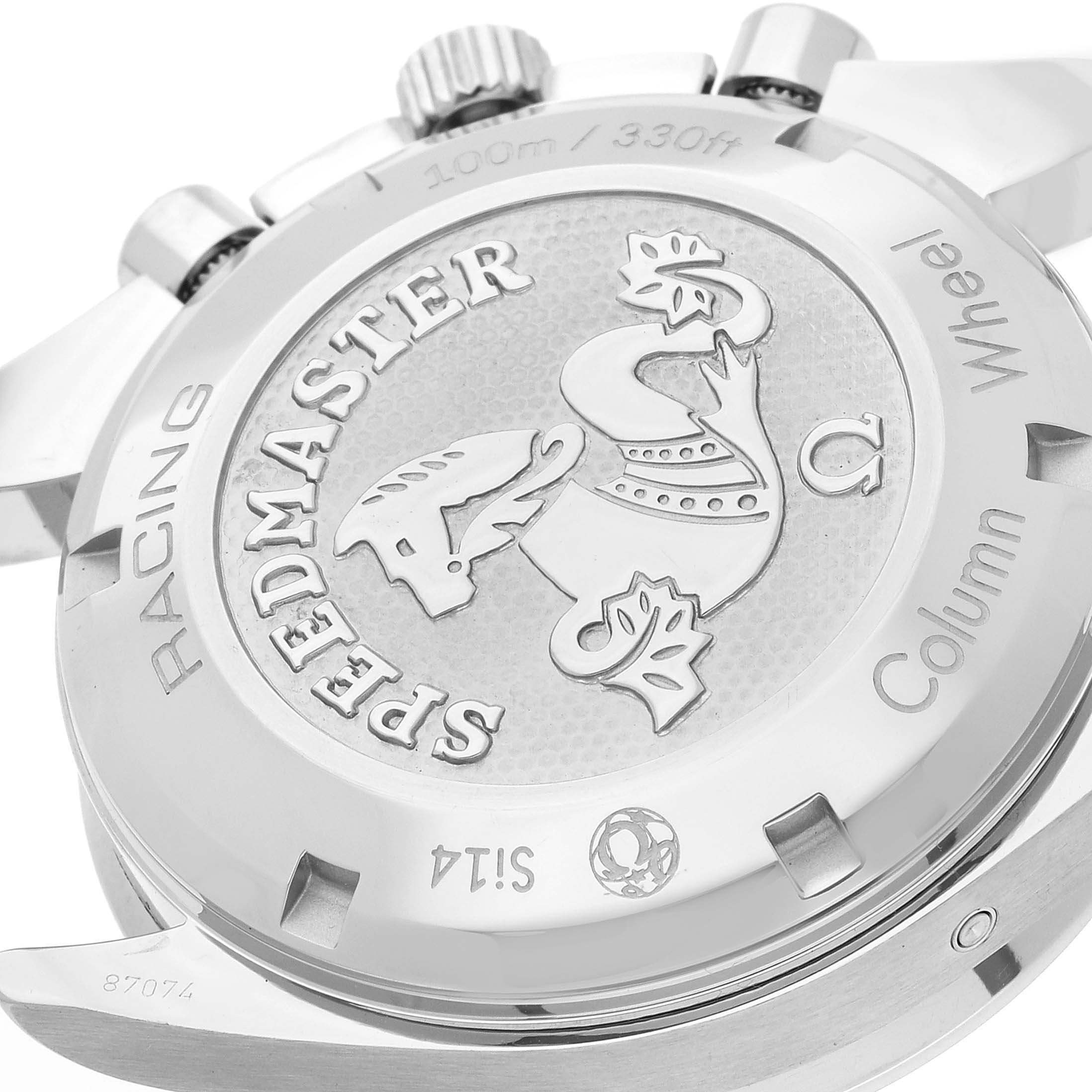 The image shows the case back of the Omega Speedmaster 326.30.40.50.02.001 Men's Stainless Steel Silver Dial 326.30.40.50.02.001 Men's Stainless Steel Silver Dial Racing watch, highlighting its engraved details and inscriptions.