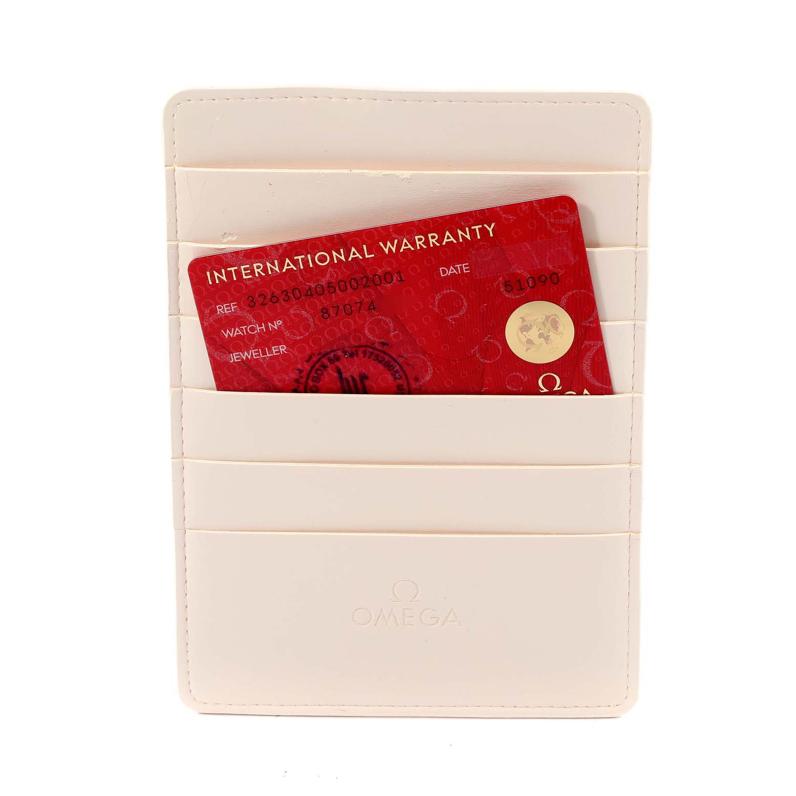 The image shows an Omega Speedmaster 326.30.40.50.02.001 Men's Stainless Steel Silver Dial 326.30.40.50.02.001 Men's Stainless Steel Silver Dial warranty card inserted in a white Omega cardholder, viewed from the front.