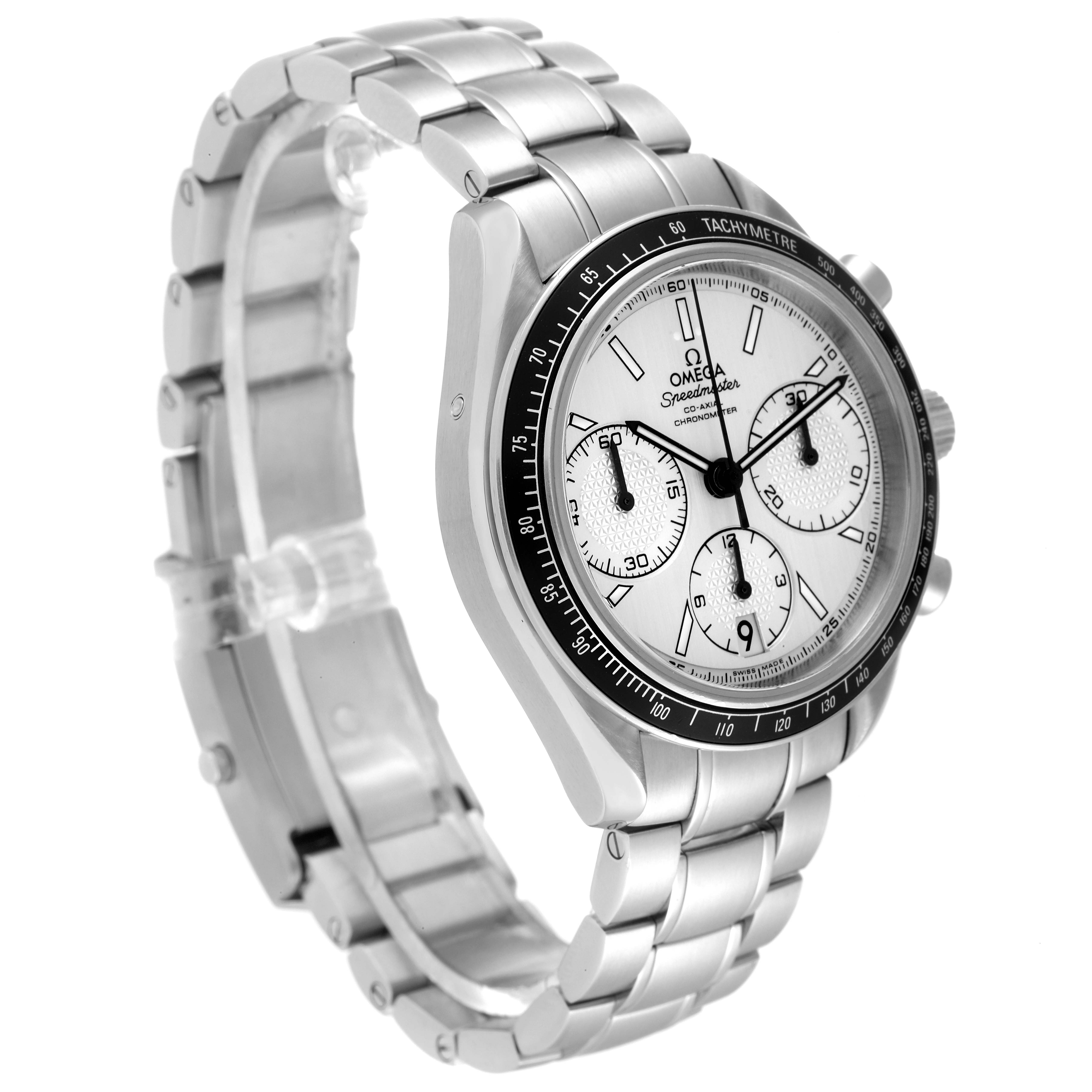 The Omega Speedmaster 326.30.40.50.02.001 Men's Stainless Steel Silver Dial 326.30.40.50.02.001 Men's Stainless Steel Silver Dial watch is shown in a three-quarter angle, displaying the face, bezel, and stainless steel bracelet.