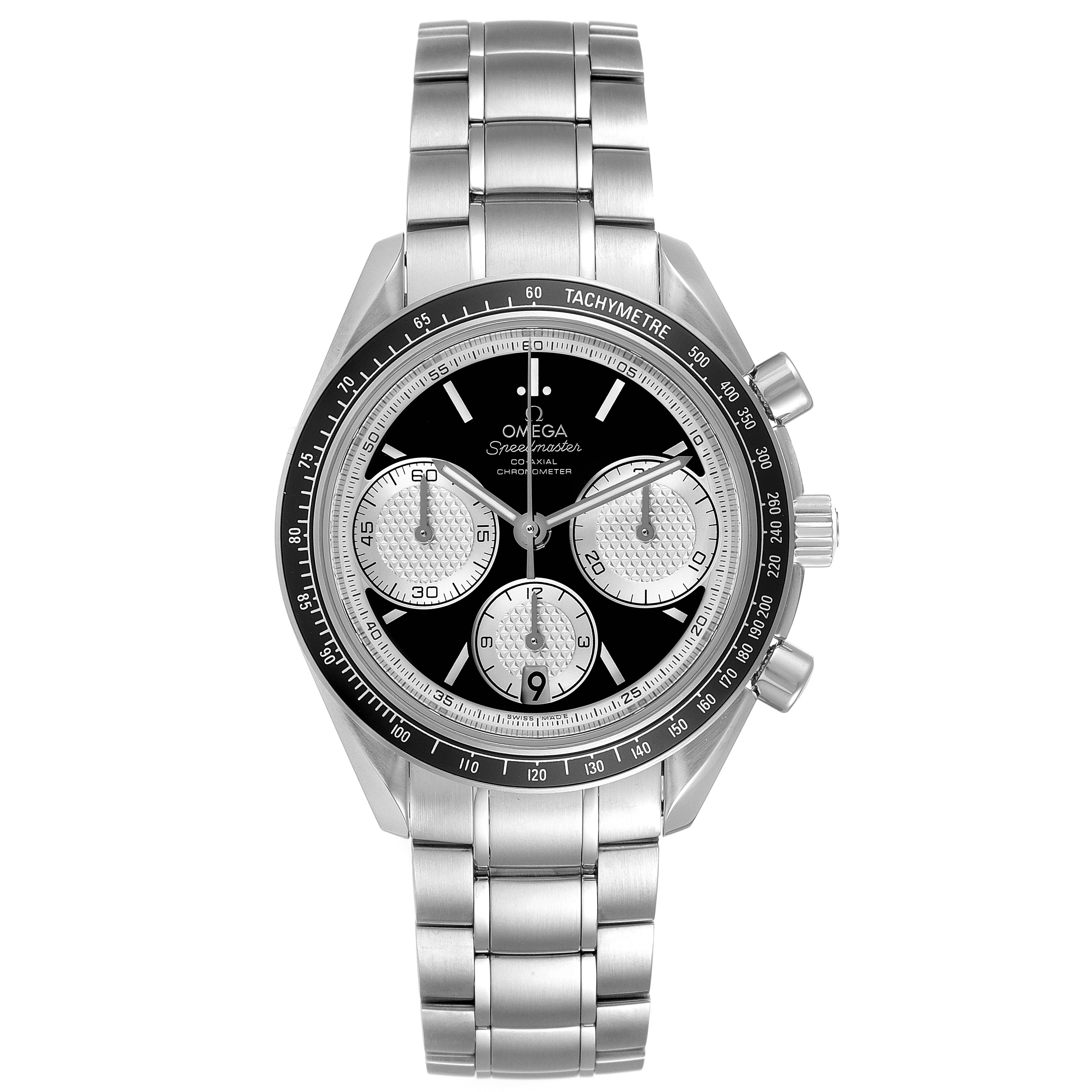 The image shows an Omega Speedmaster 326.30.40.50.01.002 Men
s Stainless Steel Black Dial 326.30.40.50.01.002 Men
s Stainless Steel Black Dial watch from a front view, displaying the dial, bezel, and stainless steel bracelet.