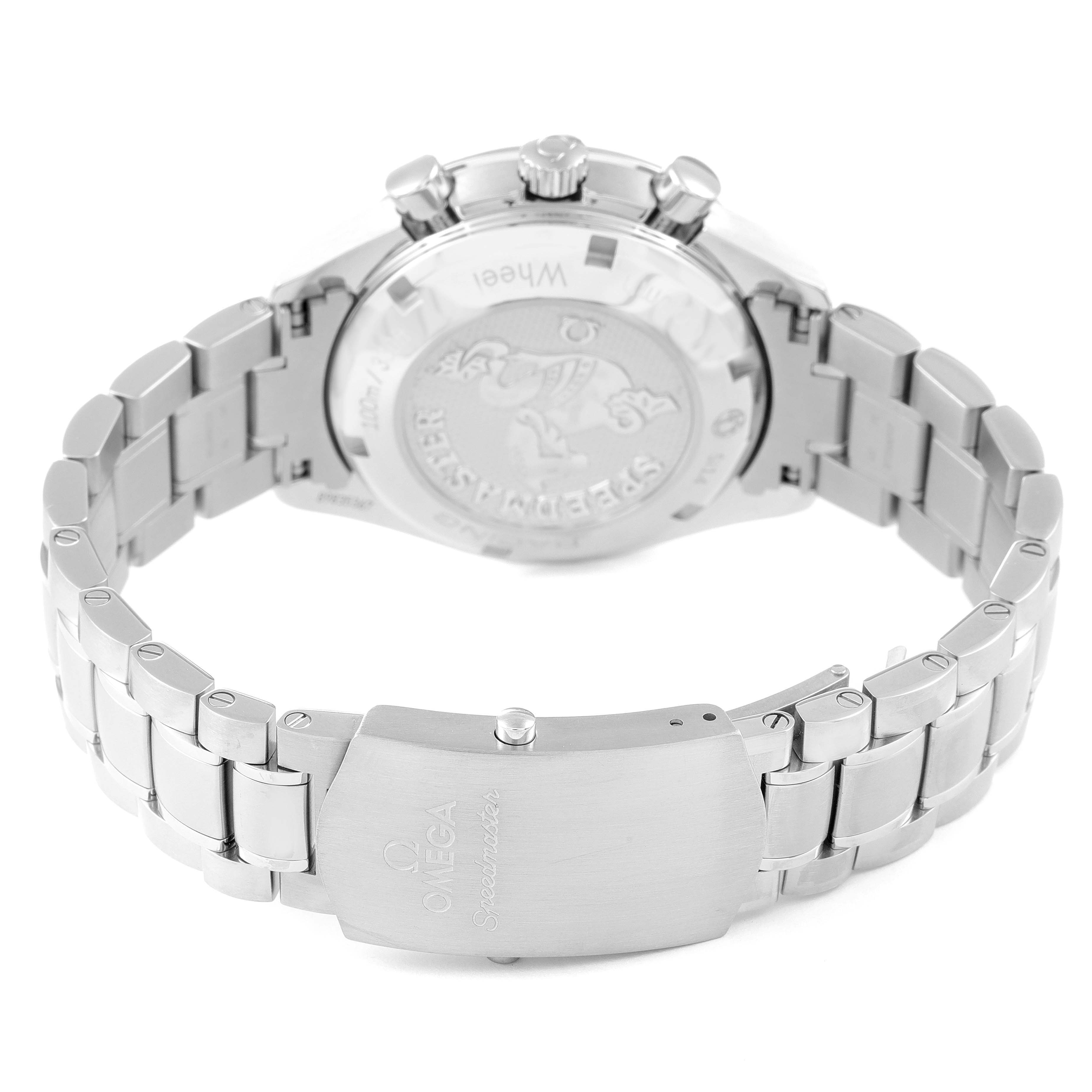 The image shows the back view of an Omega Speedmaster 326.30.40.50.01.002 Men
s Stainless Steel Black Dial 326.30.40.50.01.002 Men
s Stainless Steel Black Dial watch, highlighting the clasp, bracelet, and case back.