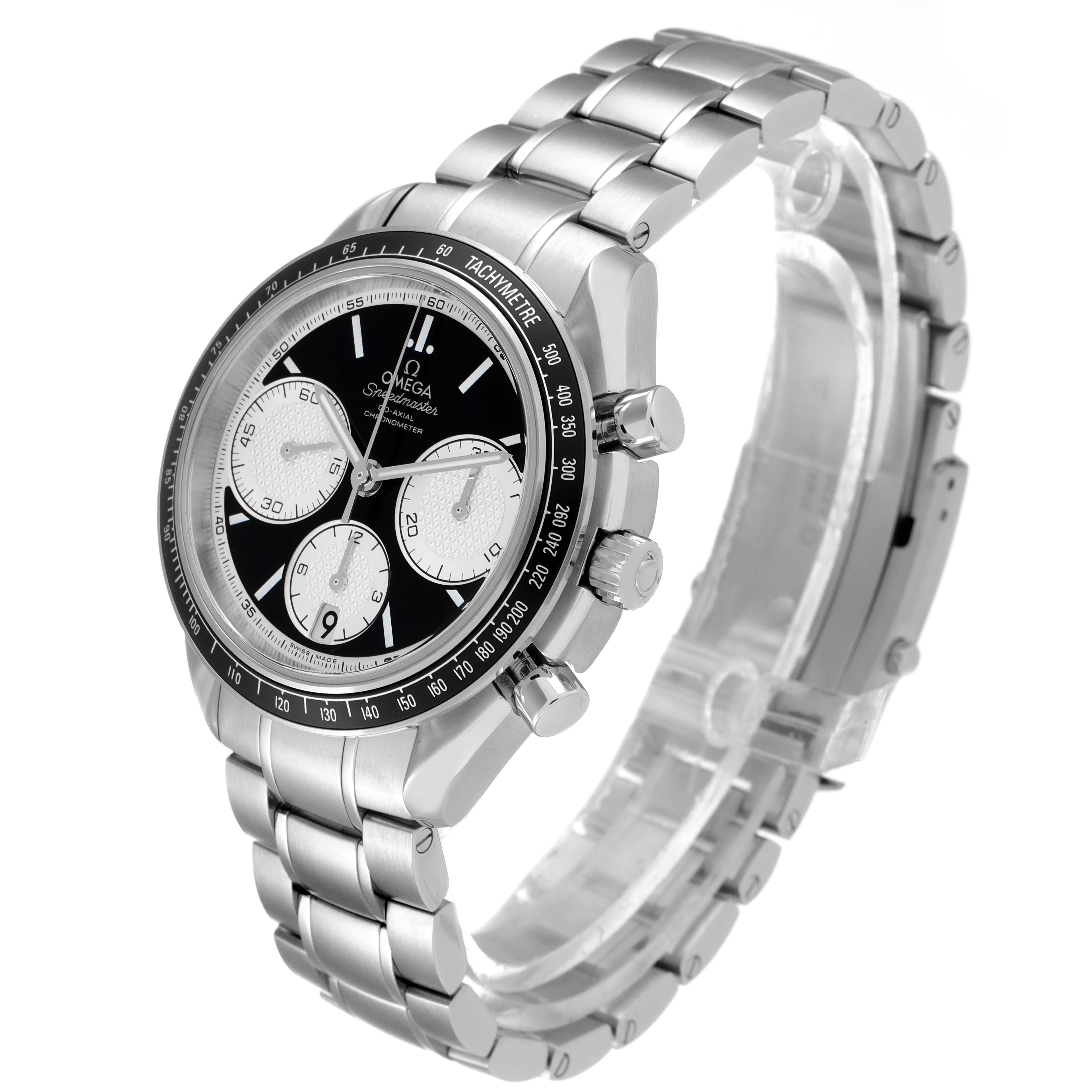 The Omega Speedmaster 326.30.40.50.01.002 Men
s Stainless Steel Black Dial 326.30.40.50.01.002 Men
s Stainless Steel Black Dial watch is shown at a three-quarter angle, highlighting the face, bezel, crown, and stainless steel bracelet.