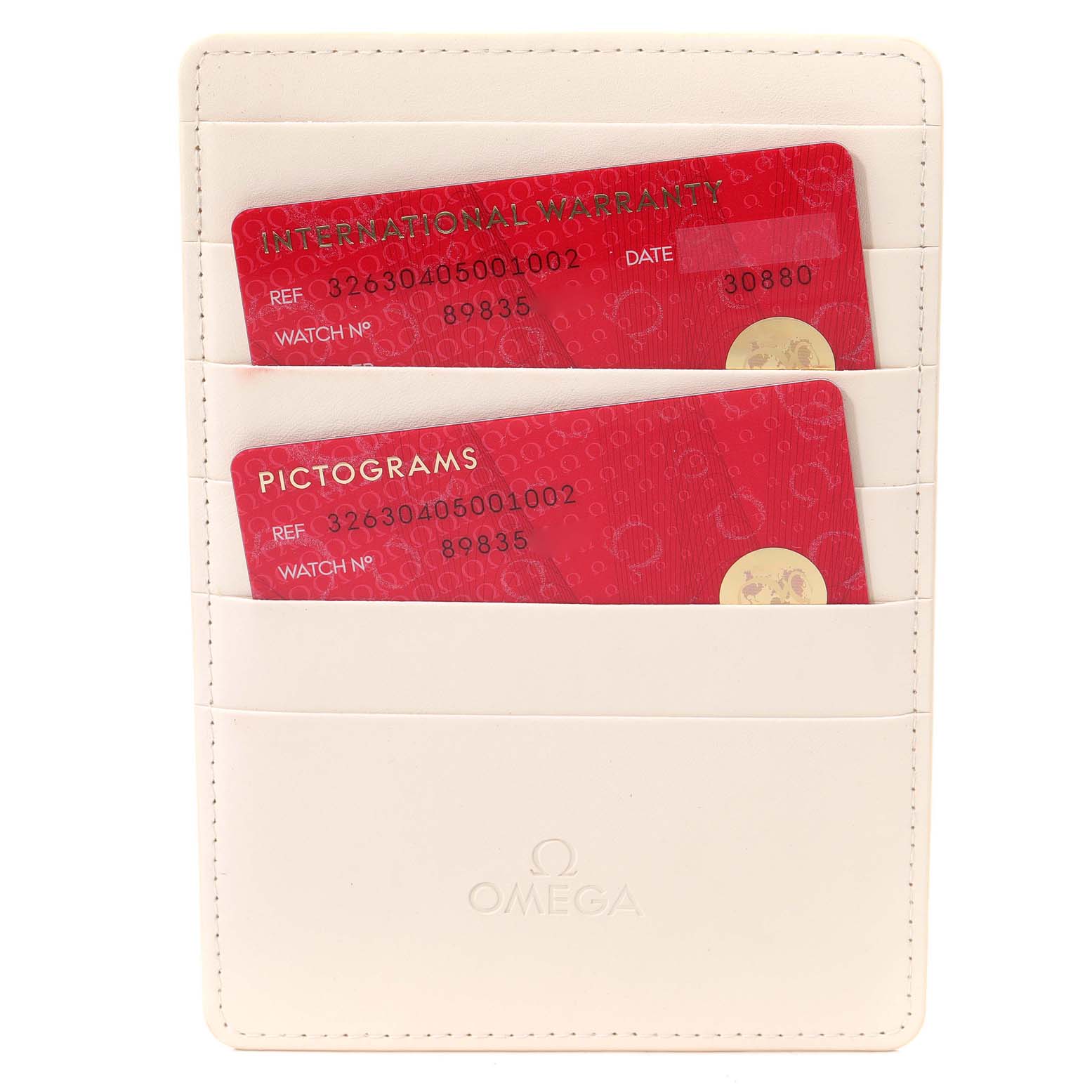 The image shows Omega Speedmaster 326.30.40.50.01.002 Men
s Stainless Steel Black Dial 326.30.40.50.01.002 Men
s Stainless Steel Black Dial model warranty and pictogram cards inside a white Omega-branded cardholder.