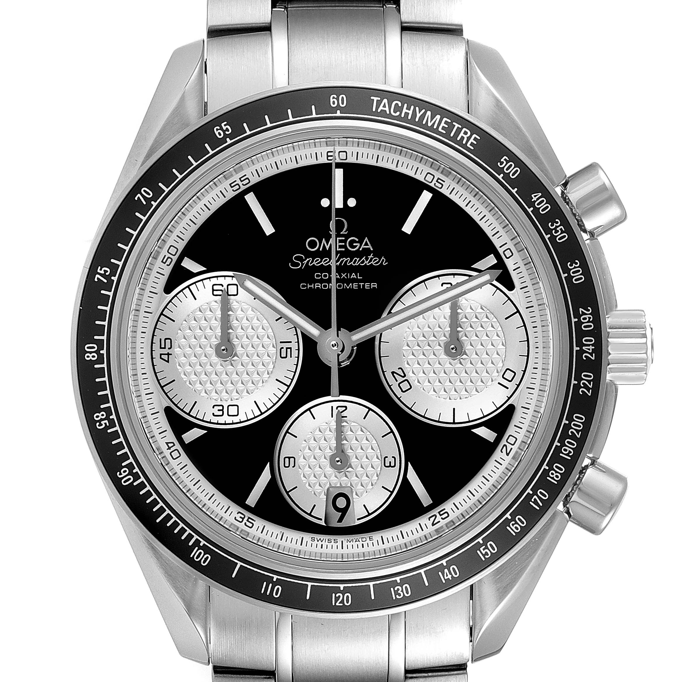 The image shows the Omega Speedmaster 326.30.40.50.01.002 Men
s Stainless Steel Black Dial 326.30.40.50.01.002 Men
s Stainless Steel Black Dial watch face and part of its stainless steel bracelet, viewed from the front.