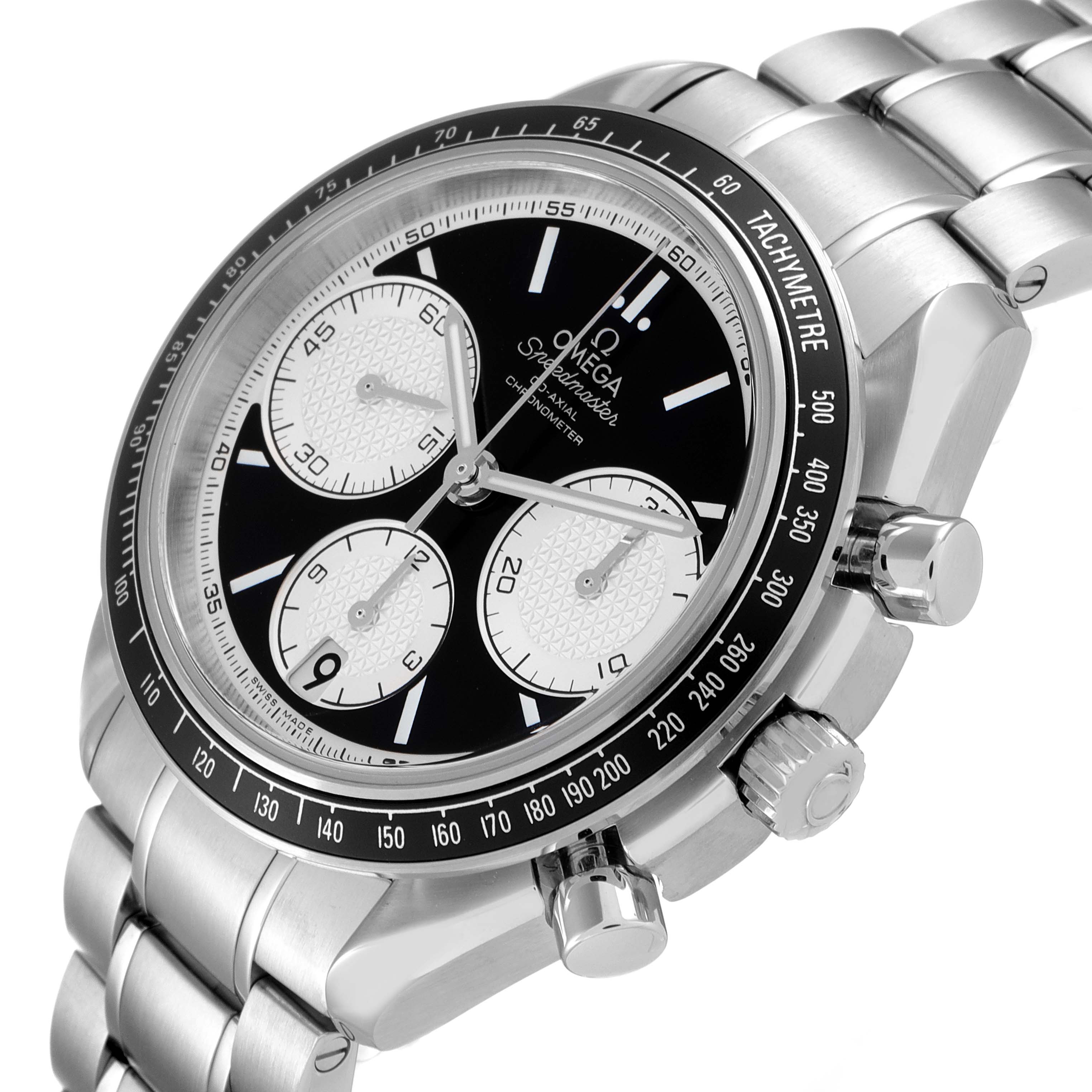 The image shows an angled close-up view of the Omega Speedmaster 326.30.40.50.01.002 Men
s Stainless Steel Black Dial 326.30.40.50.01.002 Men
s Stainless Steel Black Dial watch, highlighting the face, bezel, and part of the bracelet.