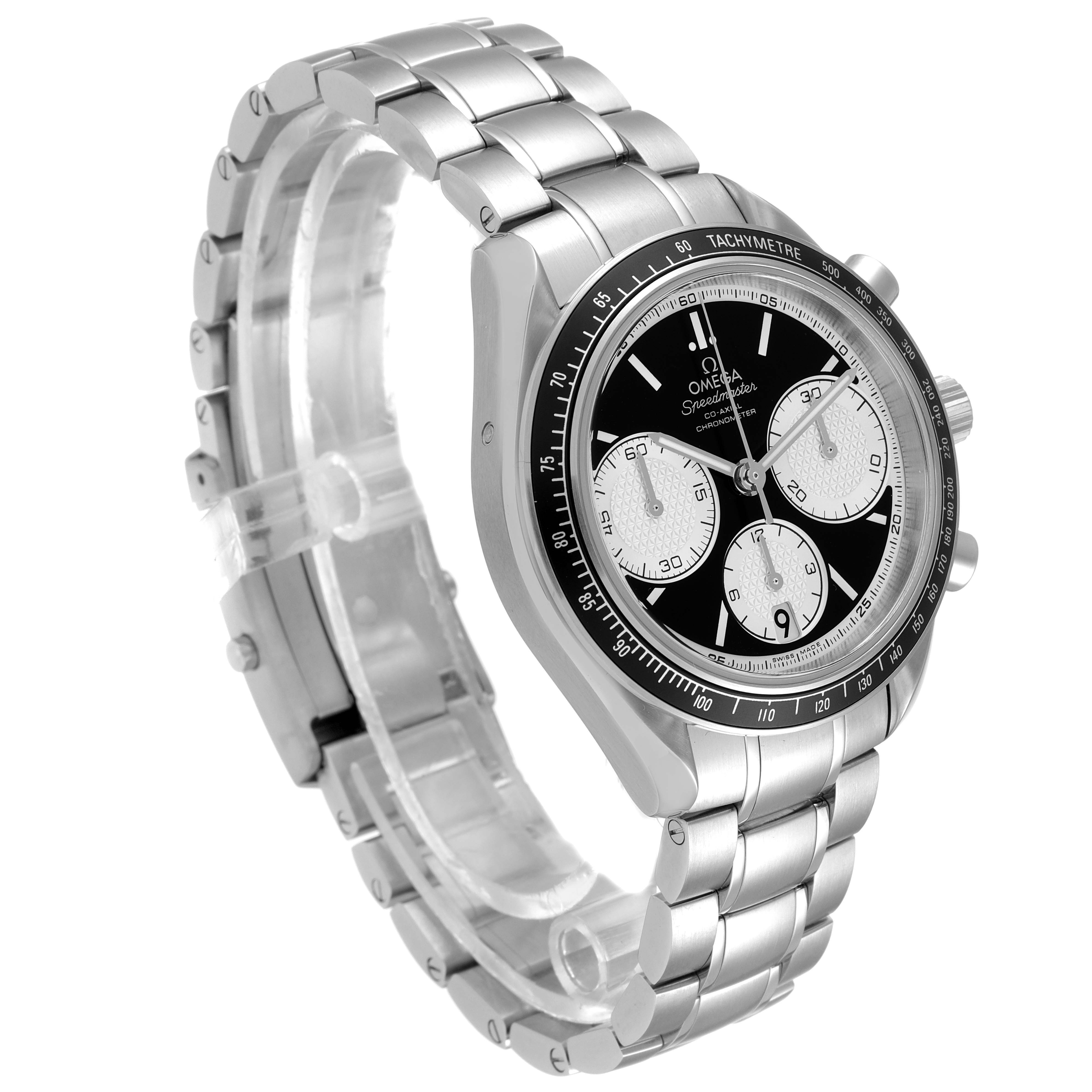 The image shows the Omega Speedmaster 326.30.40.50.01.002 Men
s Stainless Steel Black Dial 326.30.40.50.01.002 Men
s Stainless Steel Black Dial watch at an angled side view, highlighting the dial, sub-dials, bezel, and stainless steel bracelet.