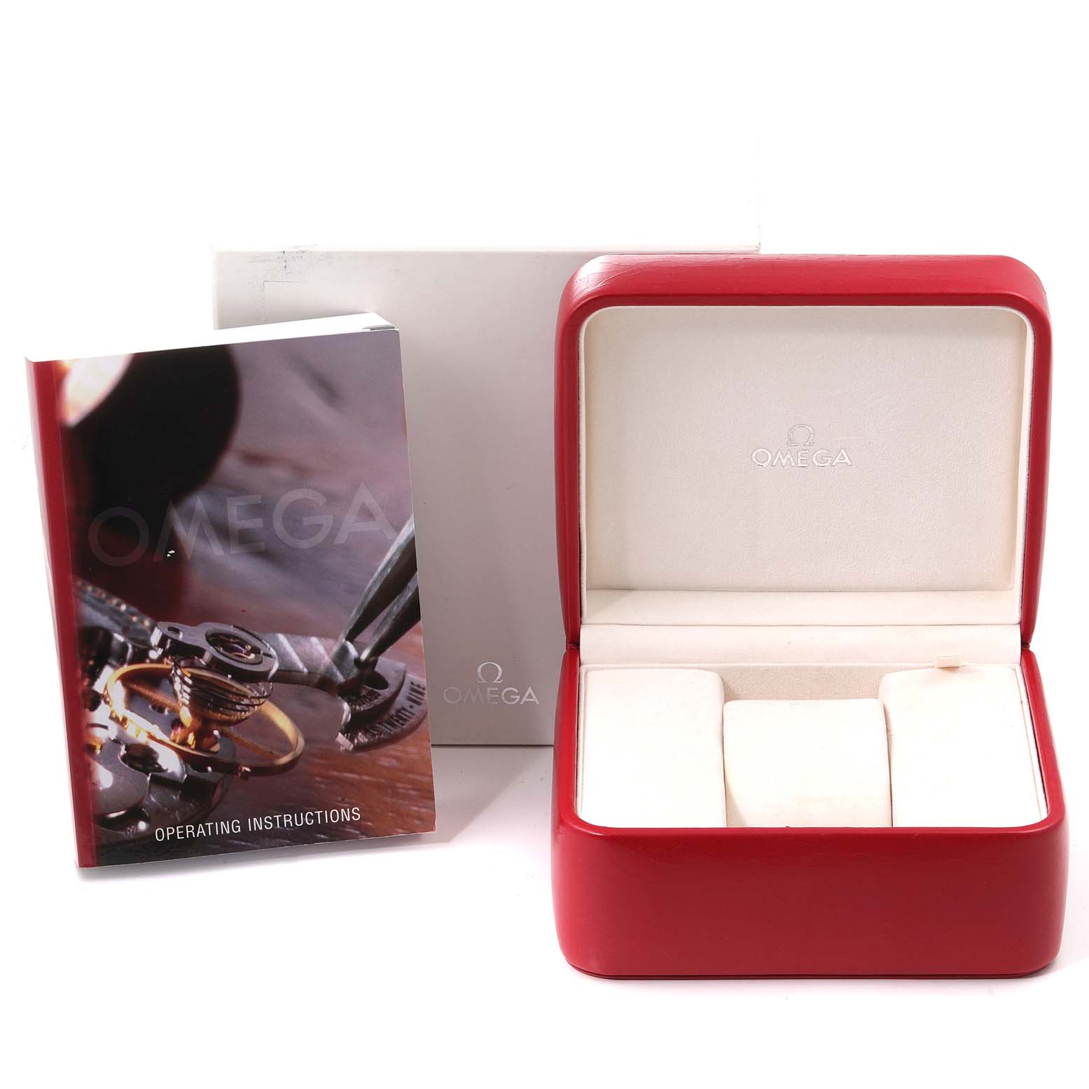 This image shows an Omega Speedmaster 3510.20.00 Men's Stainless Steel White Dial 3510.20.00 Men's Stainless Steel White Dial watch's empty red box and its operating instructions manual.