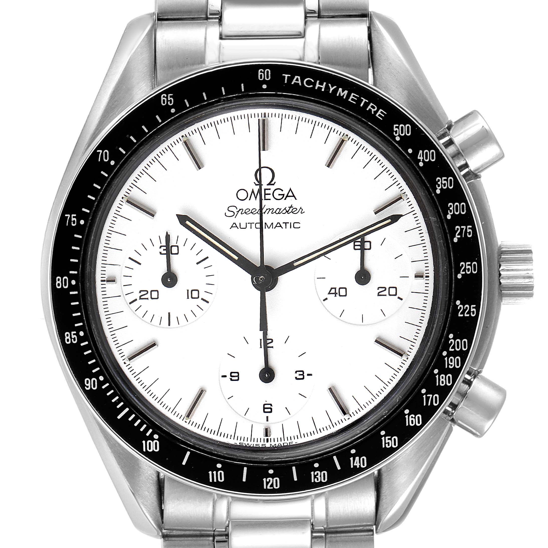 This image shows a front view of the Omega Speedmaster 3510.20.00 Men's Stainless Steel White Dial 3510.20.00 Men's Stainless Steel White Dial watch, highlighting its dial, bezel, and stainless steel bracelet.