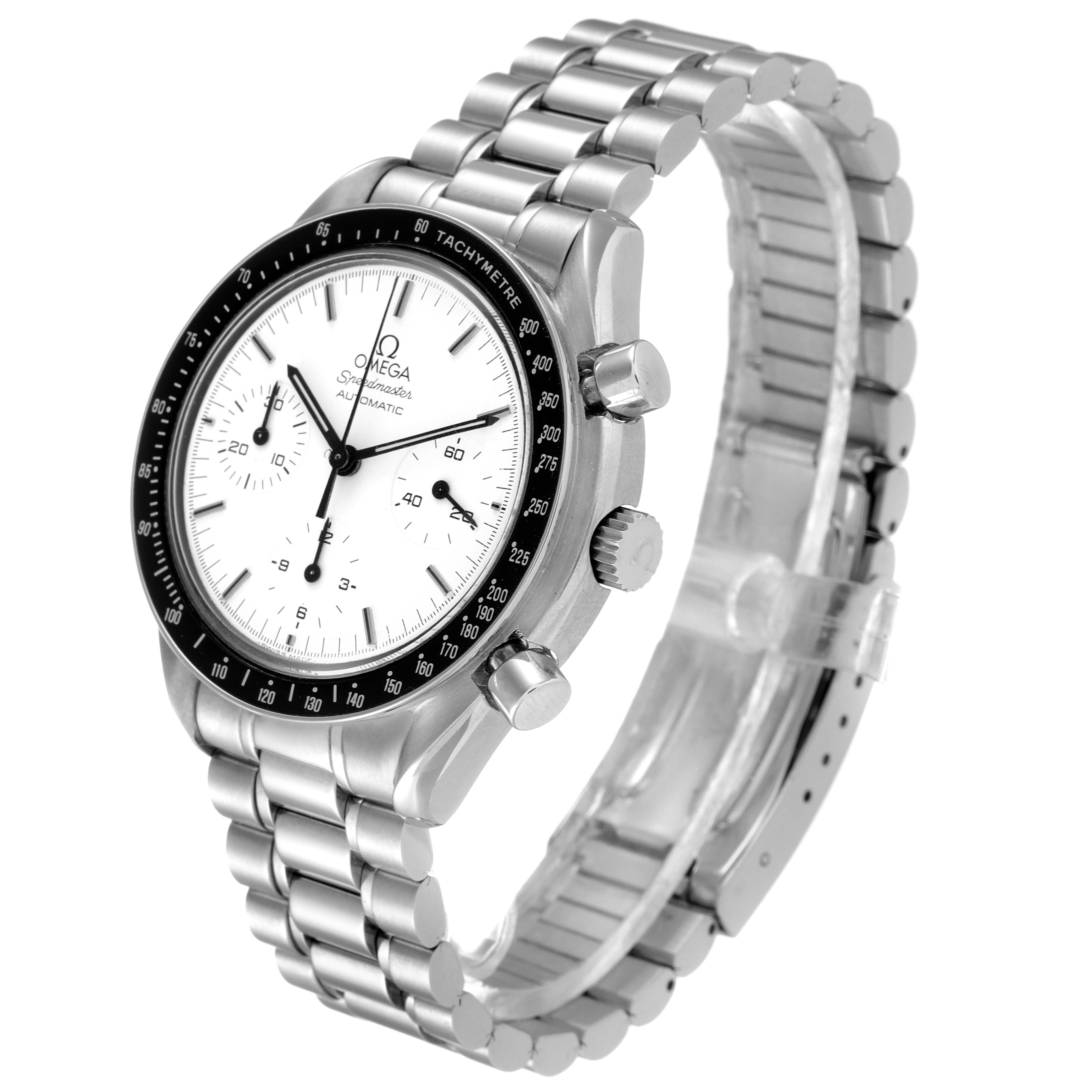 The Omega Speedmaster 3510.20.00 Men's Stainless Steel White Dial 3510.20.00 Men's Stainless Steel White Dial watch is shown at a three-quarter angle, highlighting its dial, bezel, pushers, and bracelet.