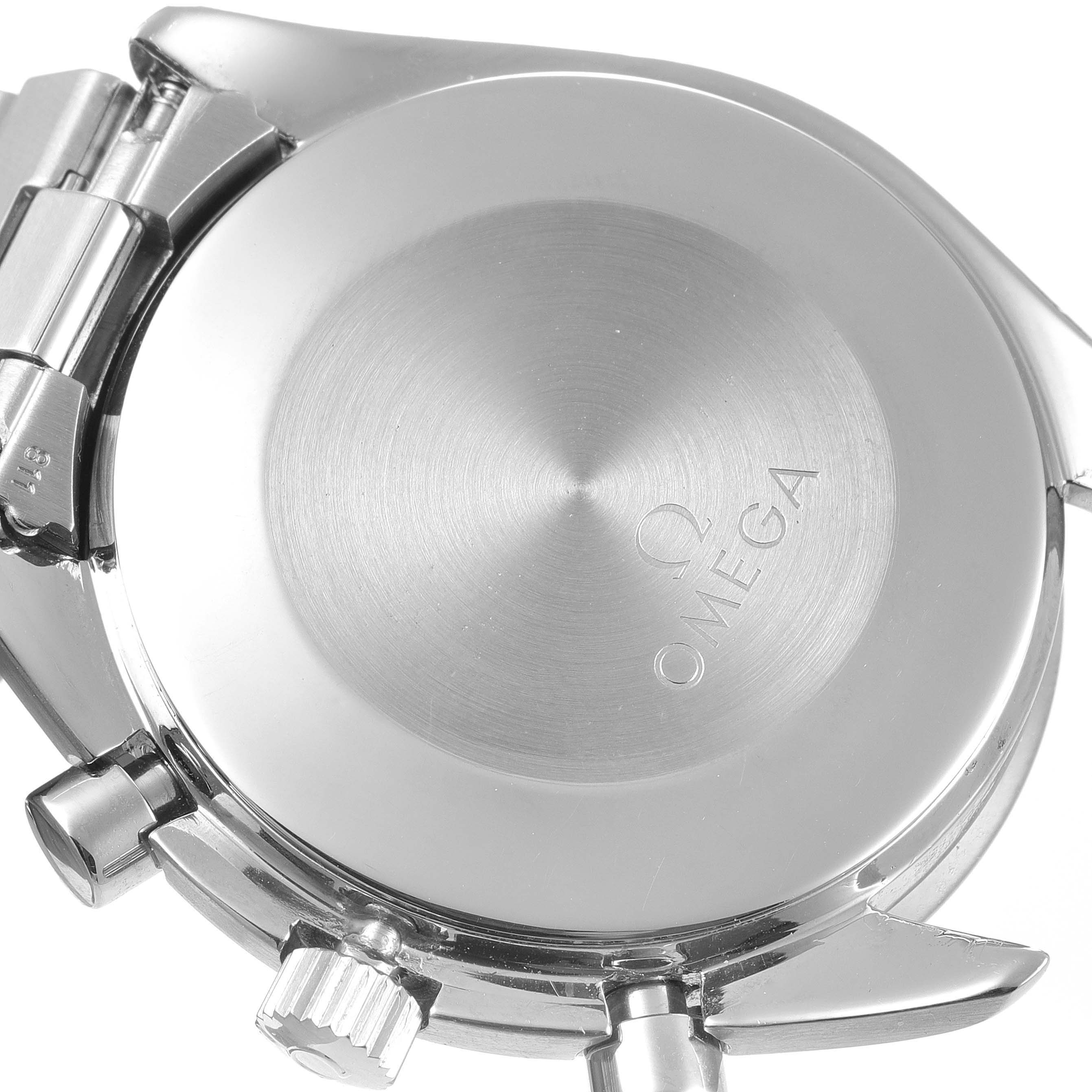 The image shows the back case and part of the bracelet of an Omega Speedmaster 3510.20.00 Men's Stainless Steel White Dial 3510.20.00 Men's Stainless Steel White Dial watch, taken from the rear angle.