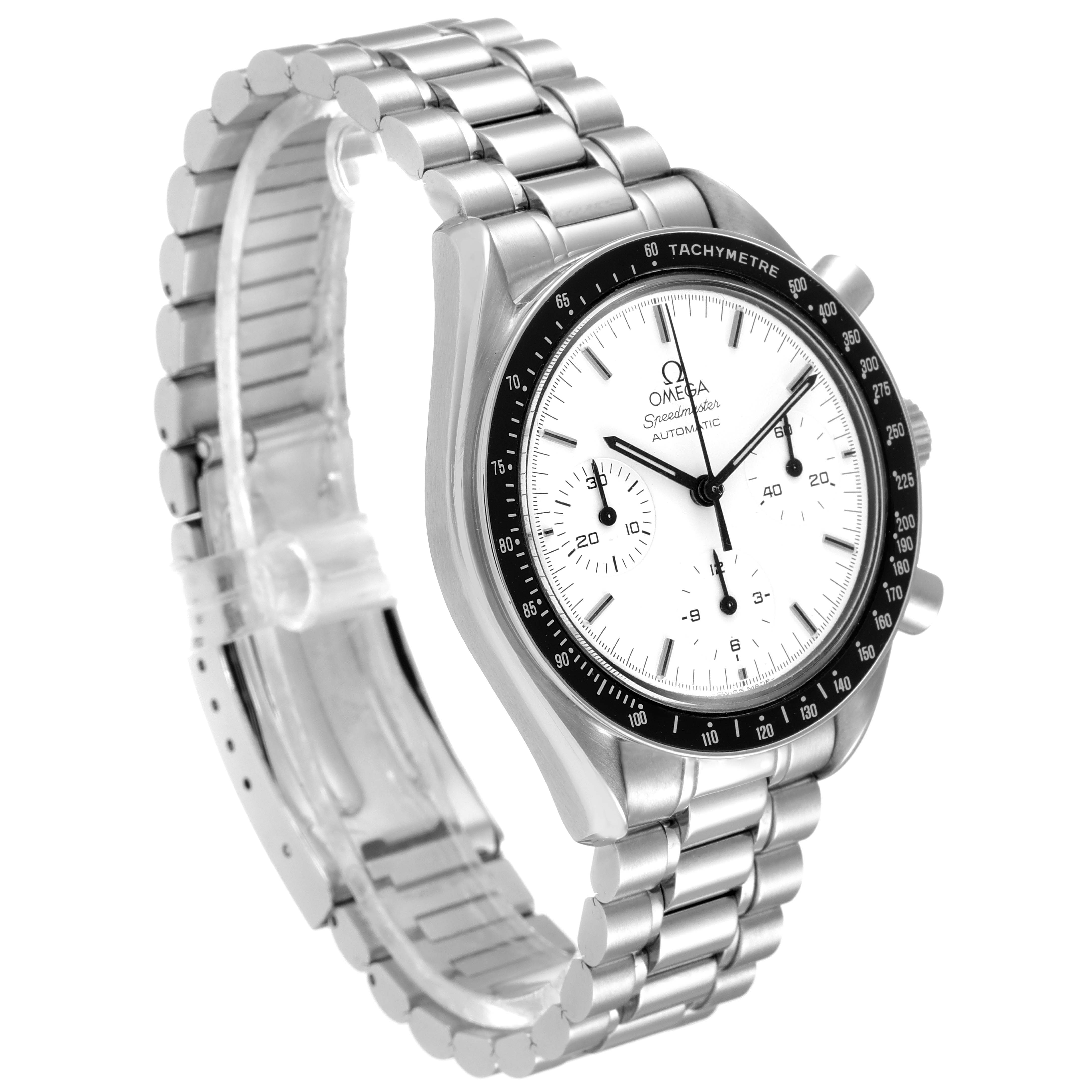 This image shows a side angle of the Omega Speedmaster 3510.20.00 Men's Stainless Steel White Dial 3510.20.00 Men's Stainless Steel White Dial watch, highlighting the face, bezel, and metal bracelet.
