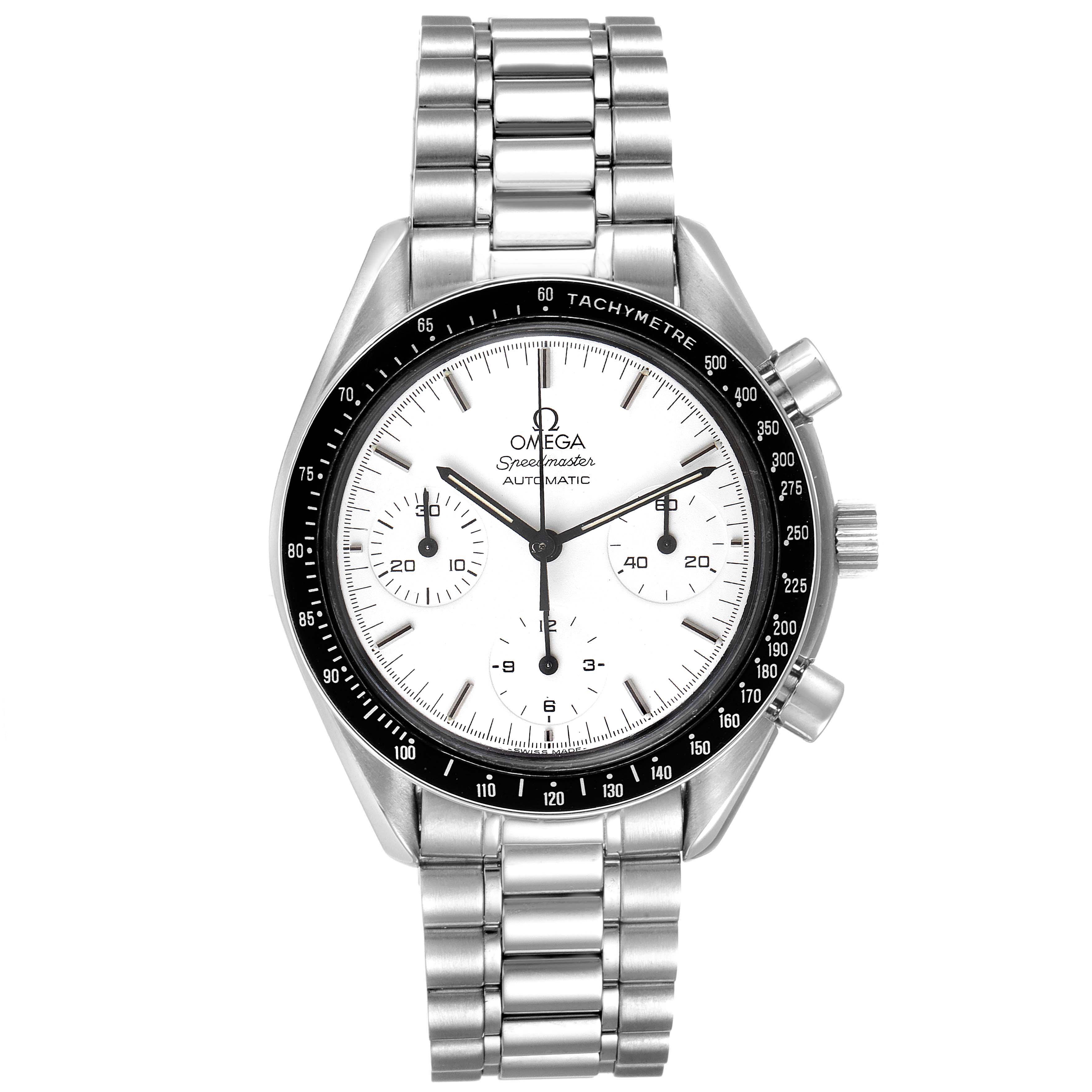 This image shows a front view of the Omega Speedmaster 3510.20.00 Men's Stainless Steel White Dial 3510.20.00 Men's Stainless Steel White Dial watch, displaying its dial, bezel, chronograph buttons, and bracelet.