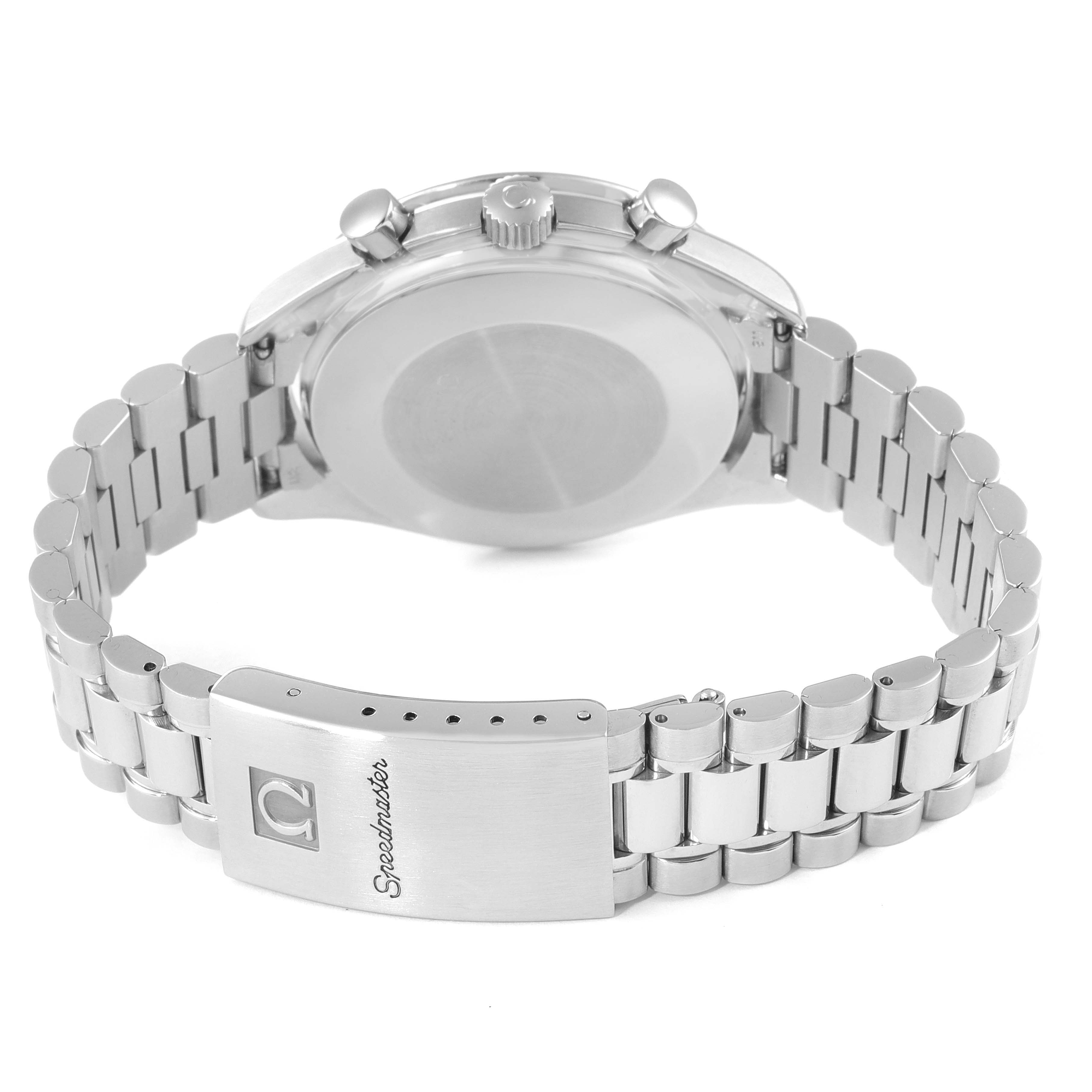 The image shows the clasp and back of the Omega Speedmaster 3510.20.00 Men's Stainless Steel White Dial 3510.20.00 Men's Stainless Steel White Dial watch from a rear angle.