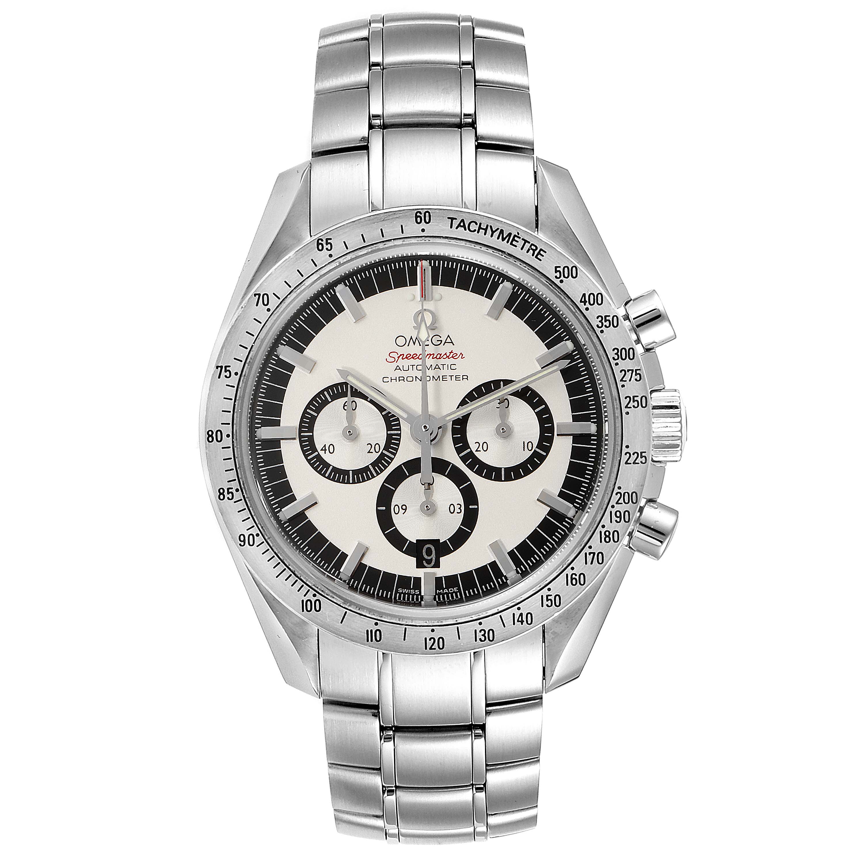 The image shows a front view of the Omega Speedmaster 3506.31.00 Men's Stainless Steel Silver Dial 3506.31.00 Men's Stainless Steel Silver Dial watch, highlighting its dial, bezel, and bracelet.