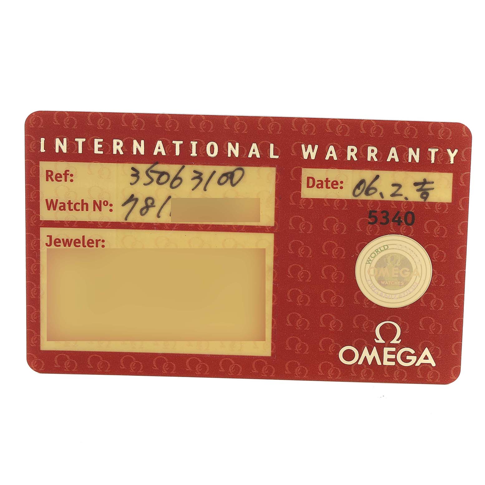 The image shows an Omega Speedmaster 3506.31.00 Men's Stainless Steel Silver Dial 3506.31.00 Men's Stainless Steel Silver Dial warranty card with reference and watch number information.