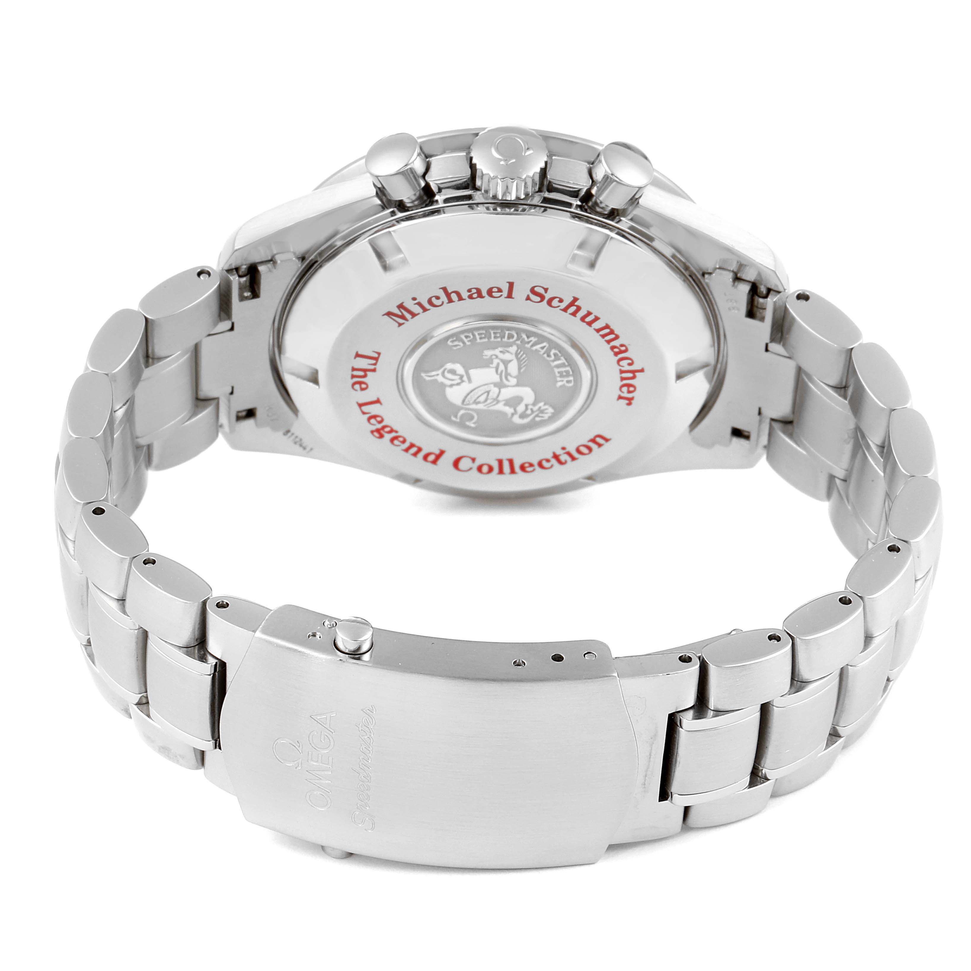 The image shows the back case and bracelet of the Omega Speedmaster 3506.31.00 Men's Stainless Steel Silver Dial 3506.31.00 Men's Stainless Steel Silver Dial Michael Schumacher The Legend Collection watch.