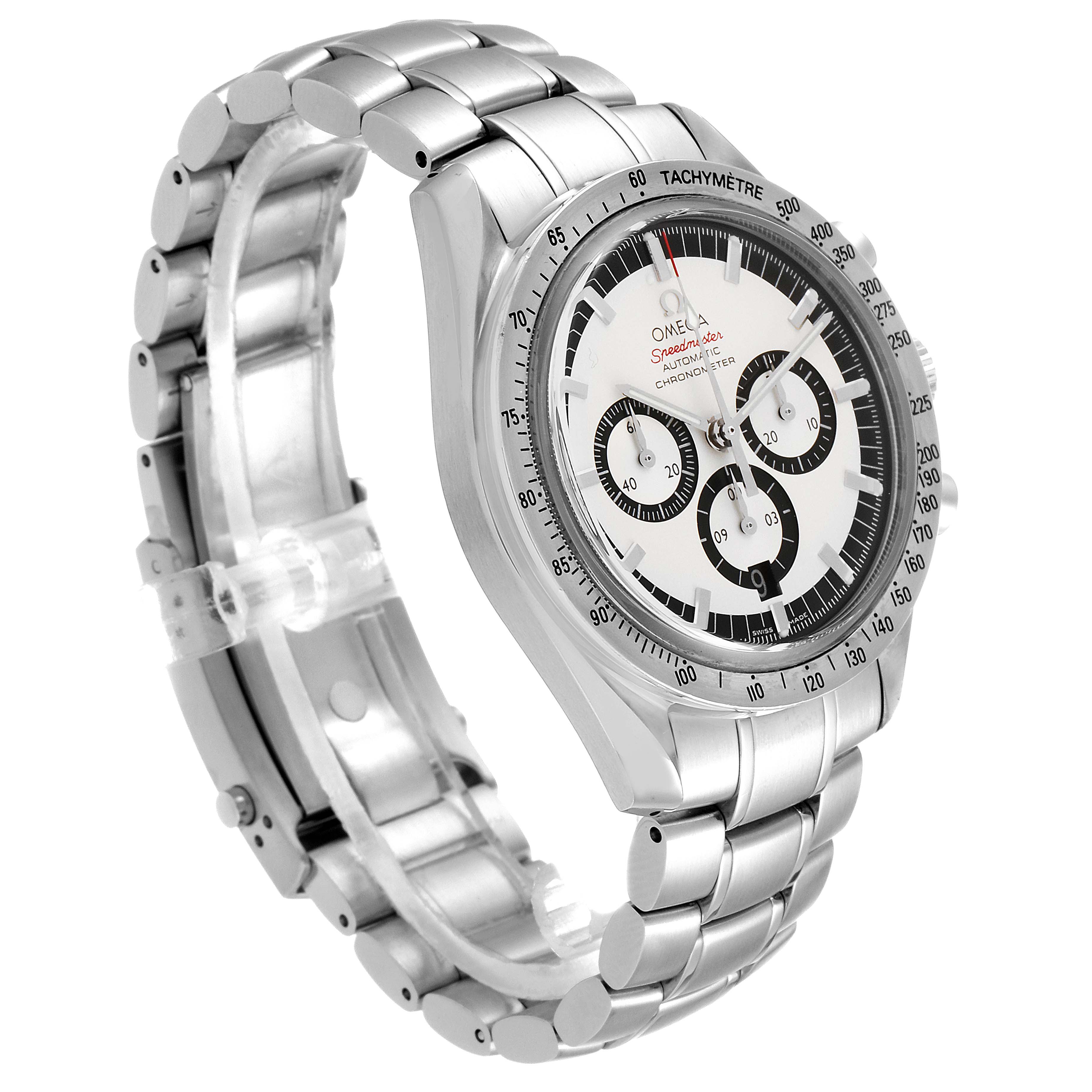 The image shows an angled view of an Omega Speedmaster 3506.31.00 Men's Stainless Steel Silver Dial 3506.31.00 Men's Stainless Steel Silver Dial watch, highlighting its bracelet, bezel, and dial with sub-dials.