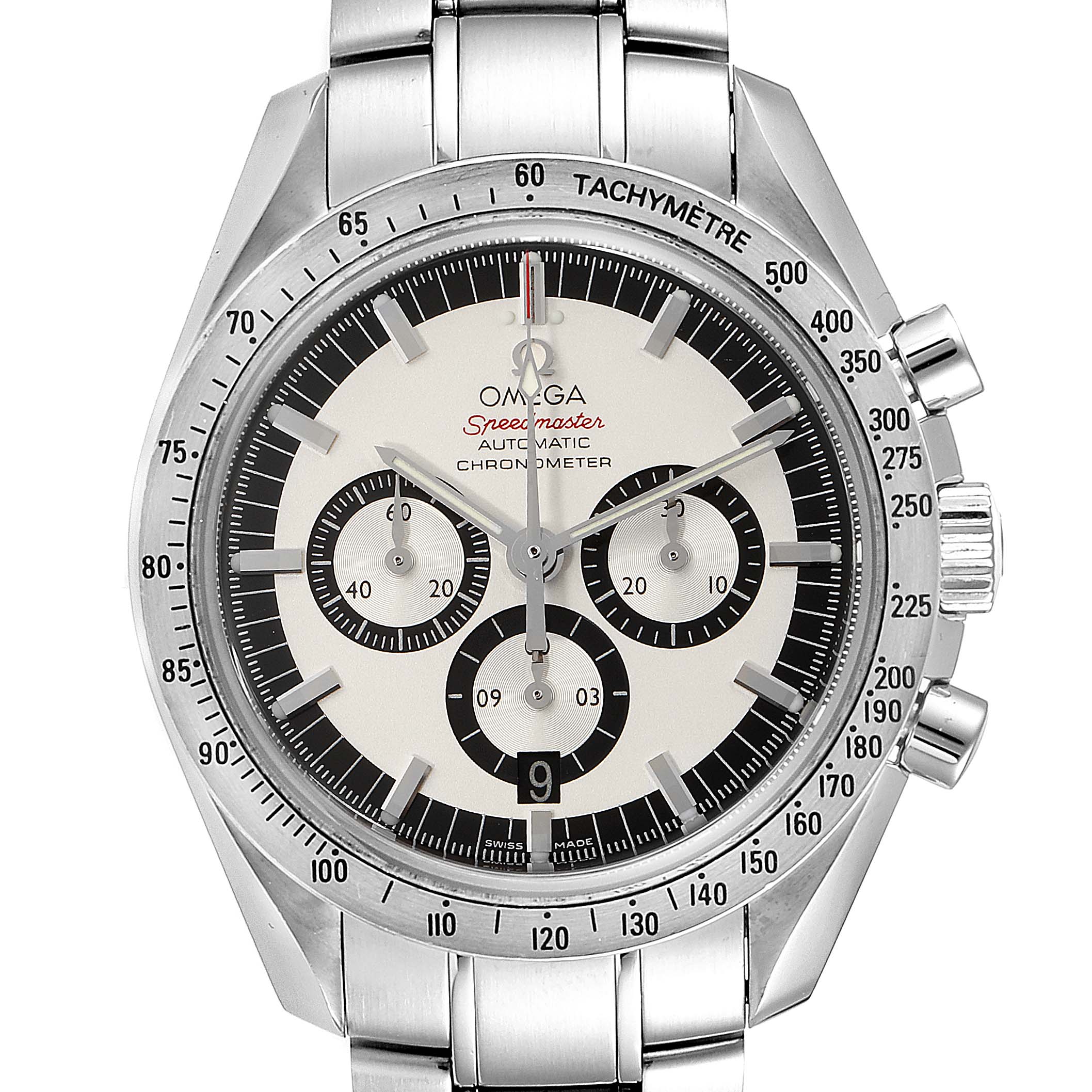 The image shows a frontal view of the Omega Speedmaster 3506.31.00 Men's Stainless Steel Silver Dial 3506.31.00 Men's Stainless Steel Silver Dial watch, displaying its dial, subdials, bezel, and steel bracelet.