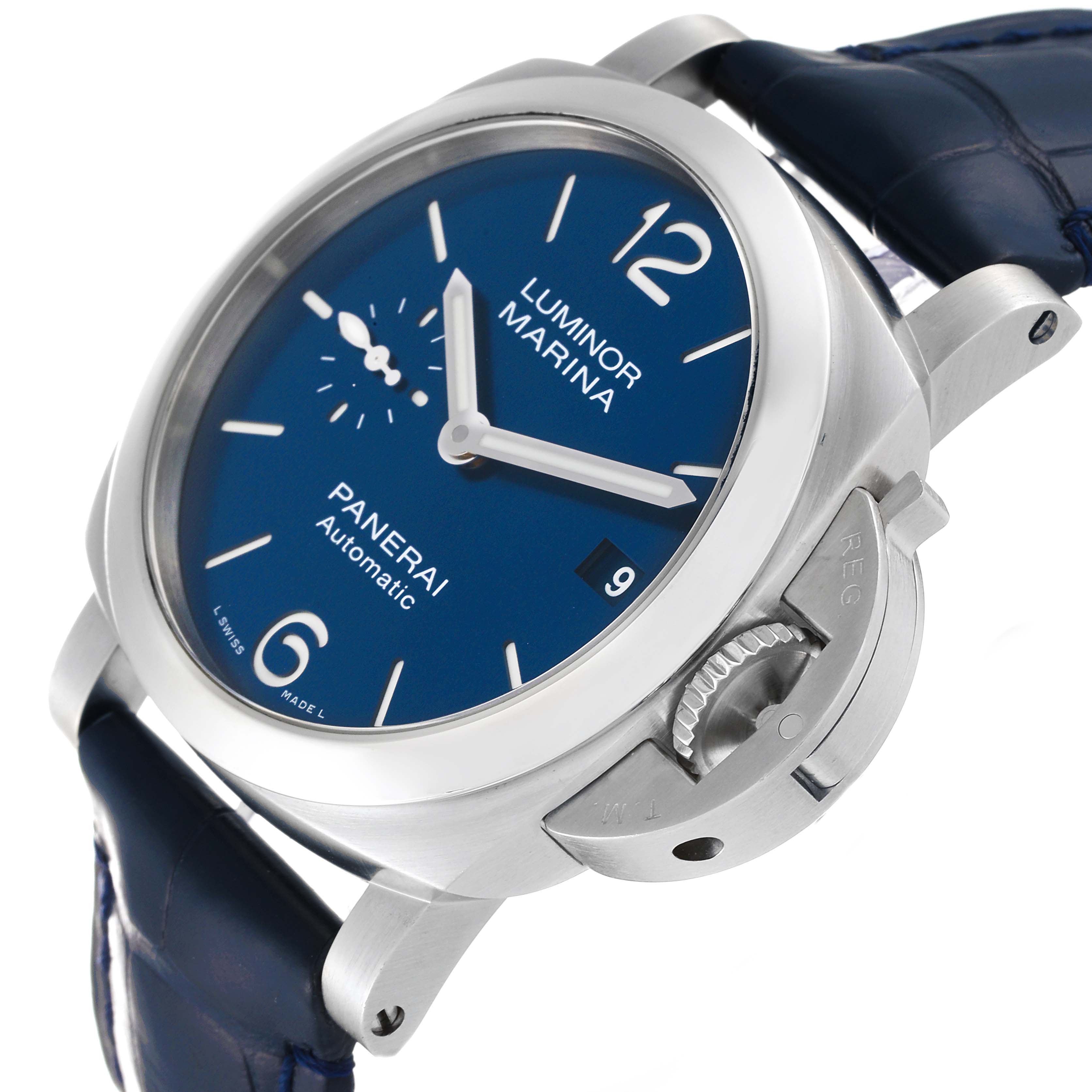 This image shows a Panerai Luminor PAM01370 Men's Stainless Steel Blue Dial PAM01370 Men's Stainless Steel Blue Dial watch at an angled side view, highlighting the crown guard, dial, and leather strap.