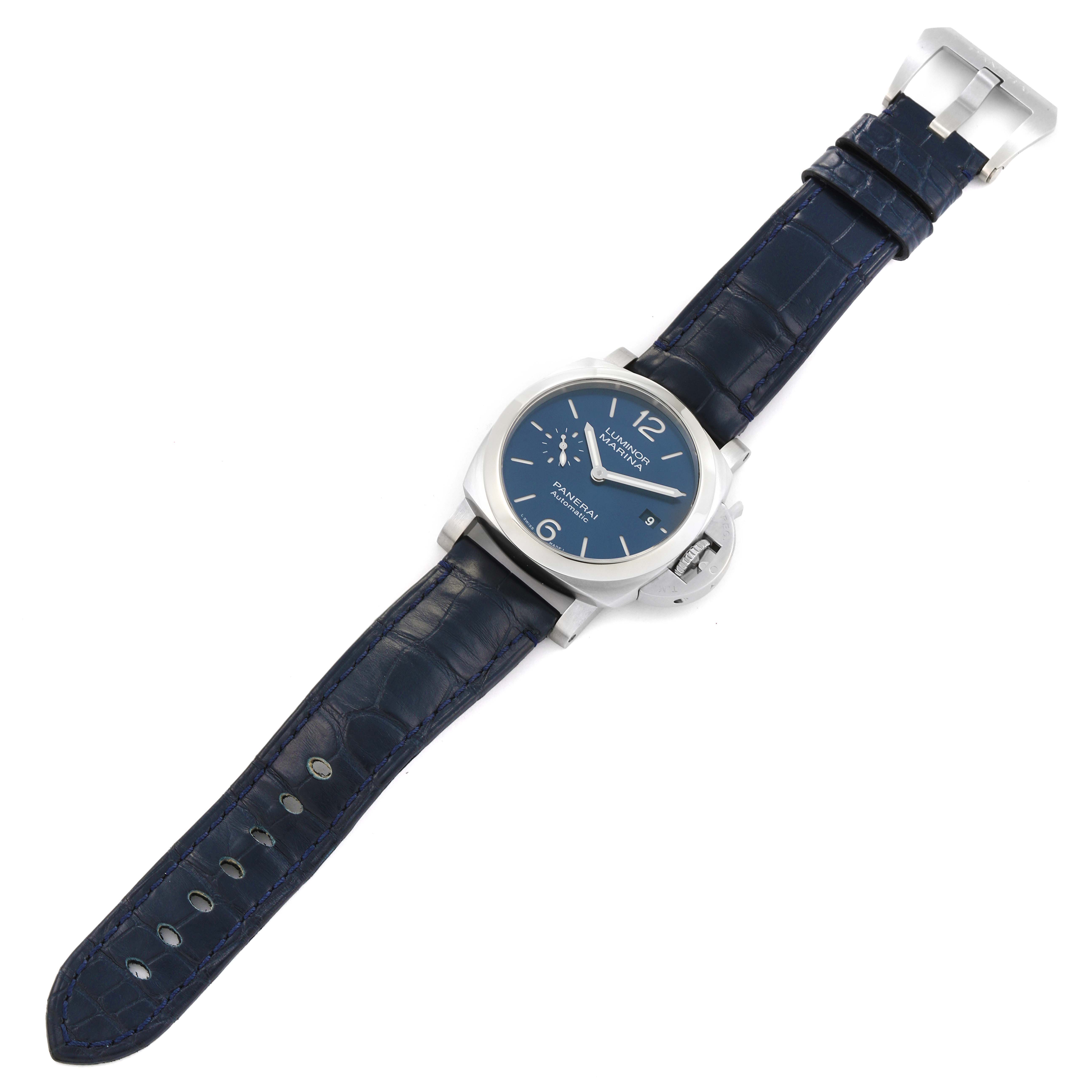 This image shows a top view of a Panerai Luminor PAM01370 Men's Stainless Steel Blue Dial PAM01370 Men's Stainless Steel Blue Dial watch with a blue dial and leather strap.