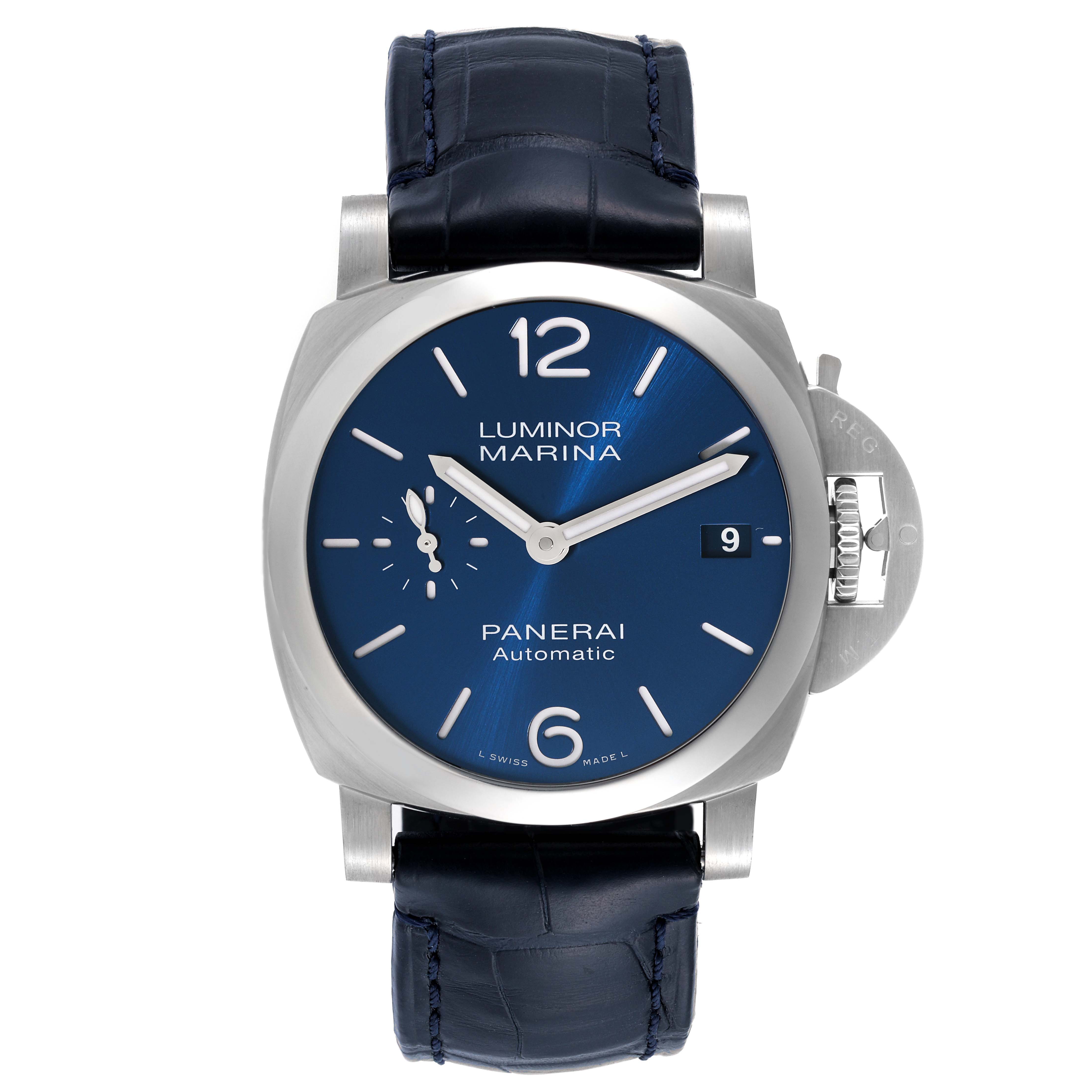 This image shows a front view of the Panerai Luminor PAM01370 Men's Stainless Steel Blue Dial PAM01370 Men's Stainless Steel Blue Dial Marina watch with a blue dial and leather strap.