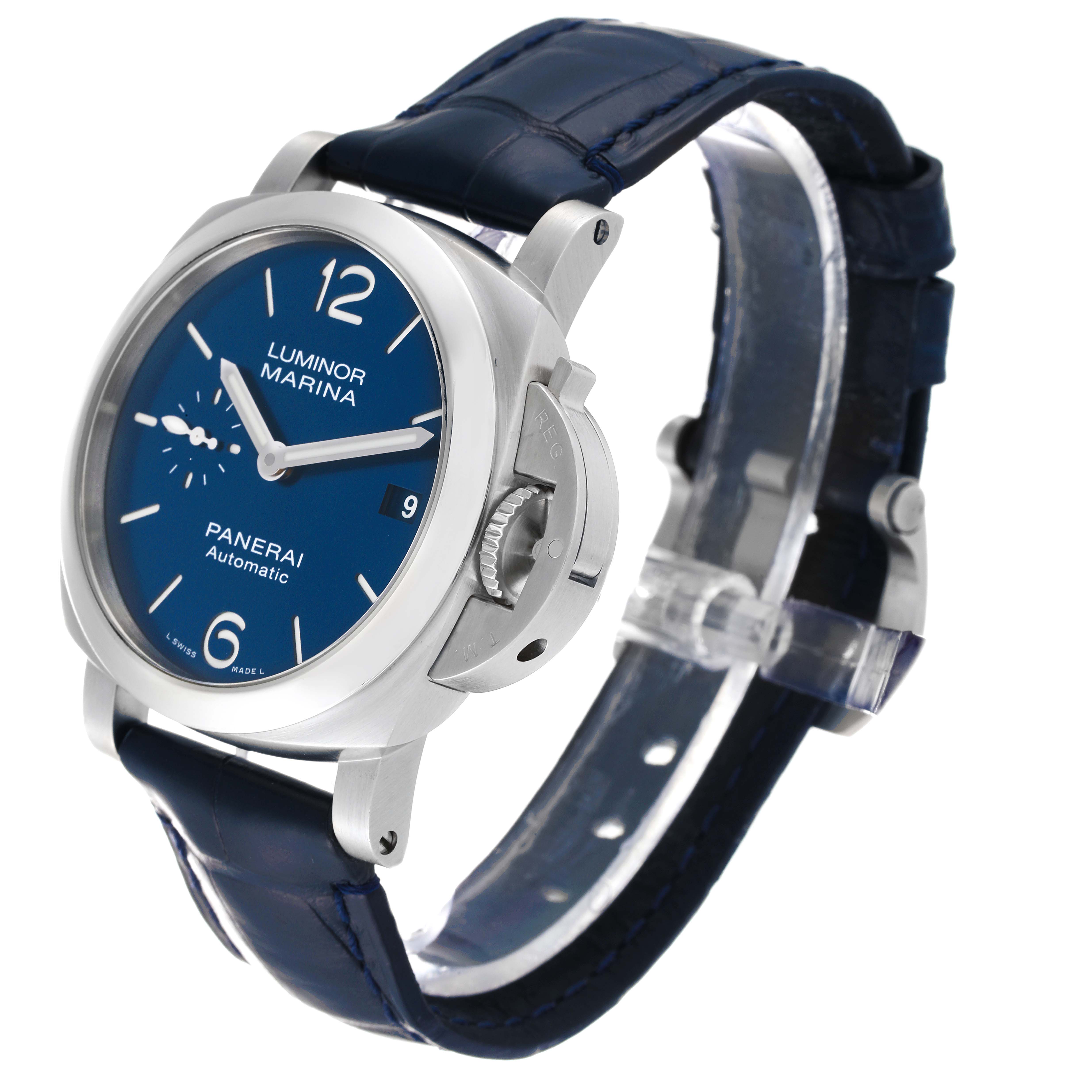 The image shows a Panerai Luminor PAM01370 Men's Stainless Steel Blue Dial PAM01370 Men's Stainless Steel Blue Dial Marina watch at a slight angle, highlighting its blue dial, leather strap, and protective crown guard.