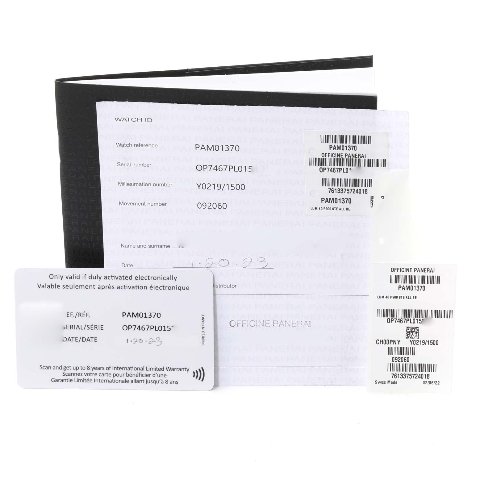 The image shows warranty cards and paperwork for the Luminor model by Panerai, including serial and movement number details.