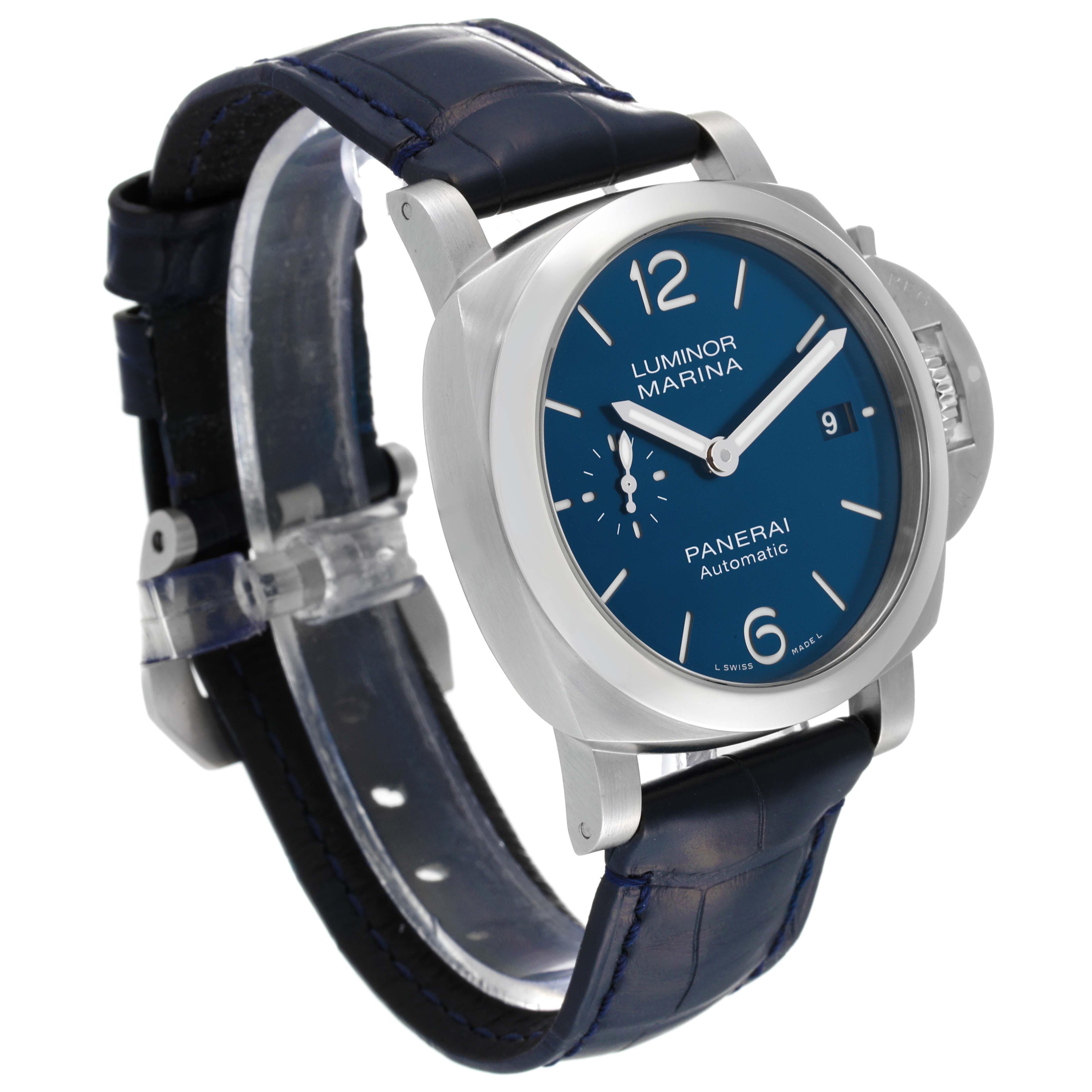 The image shows a Panerai Luminor PAM01370 Men's Stainless Steel Blue Dial PAM01370 Men's Stainless Steel Blue Dial Marina watch at a three-quarter angle, highlighting the blue dial, strap, and side crown guard.