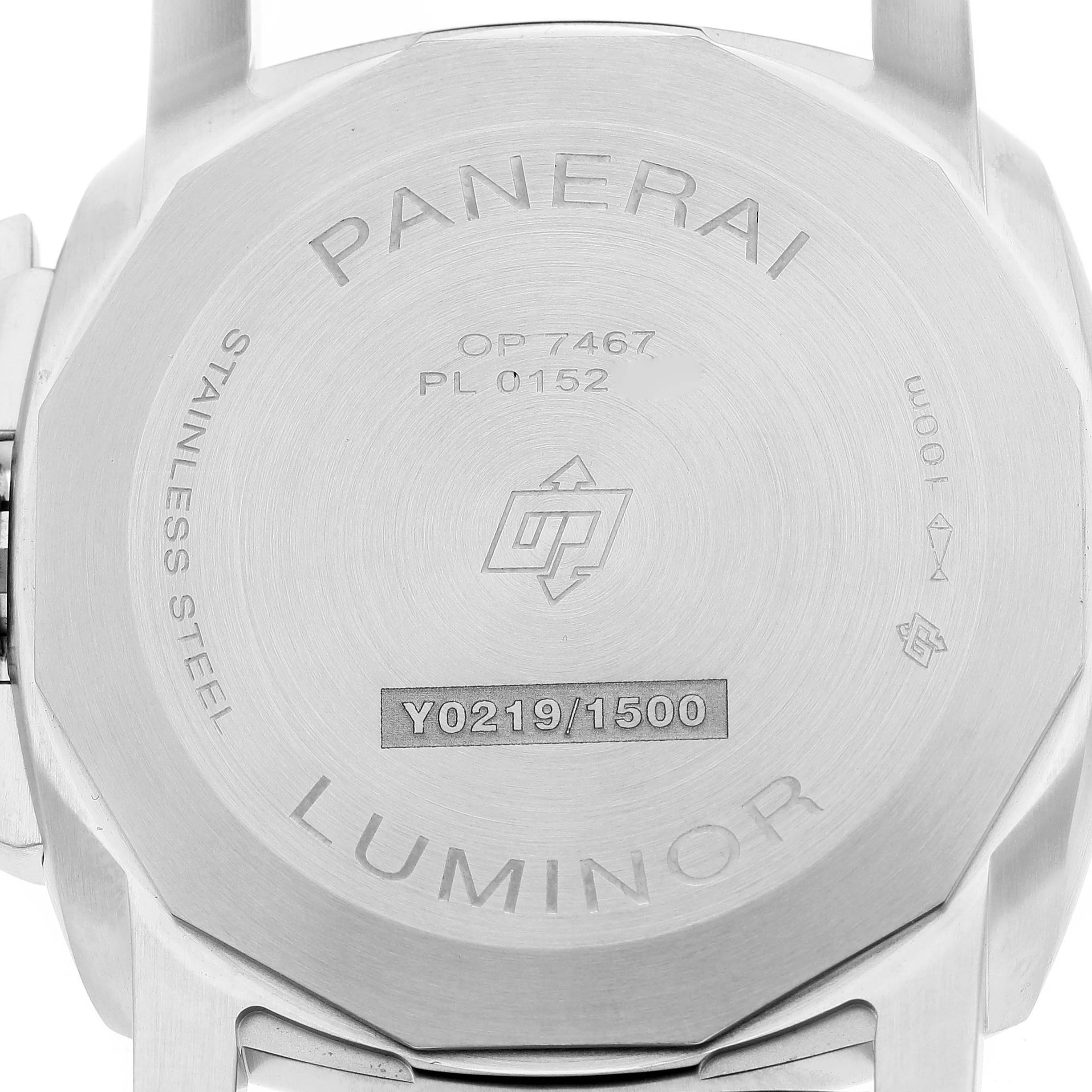 This is the backside of a Panerai Luminor PAM01370 Men's Stainless Steel Blue Dial PAM01370 Men's Stainless Steel Blue Dial watch, displaying the case back with engravings and model details.