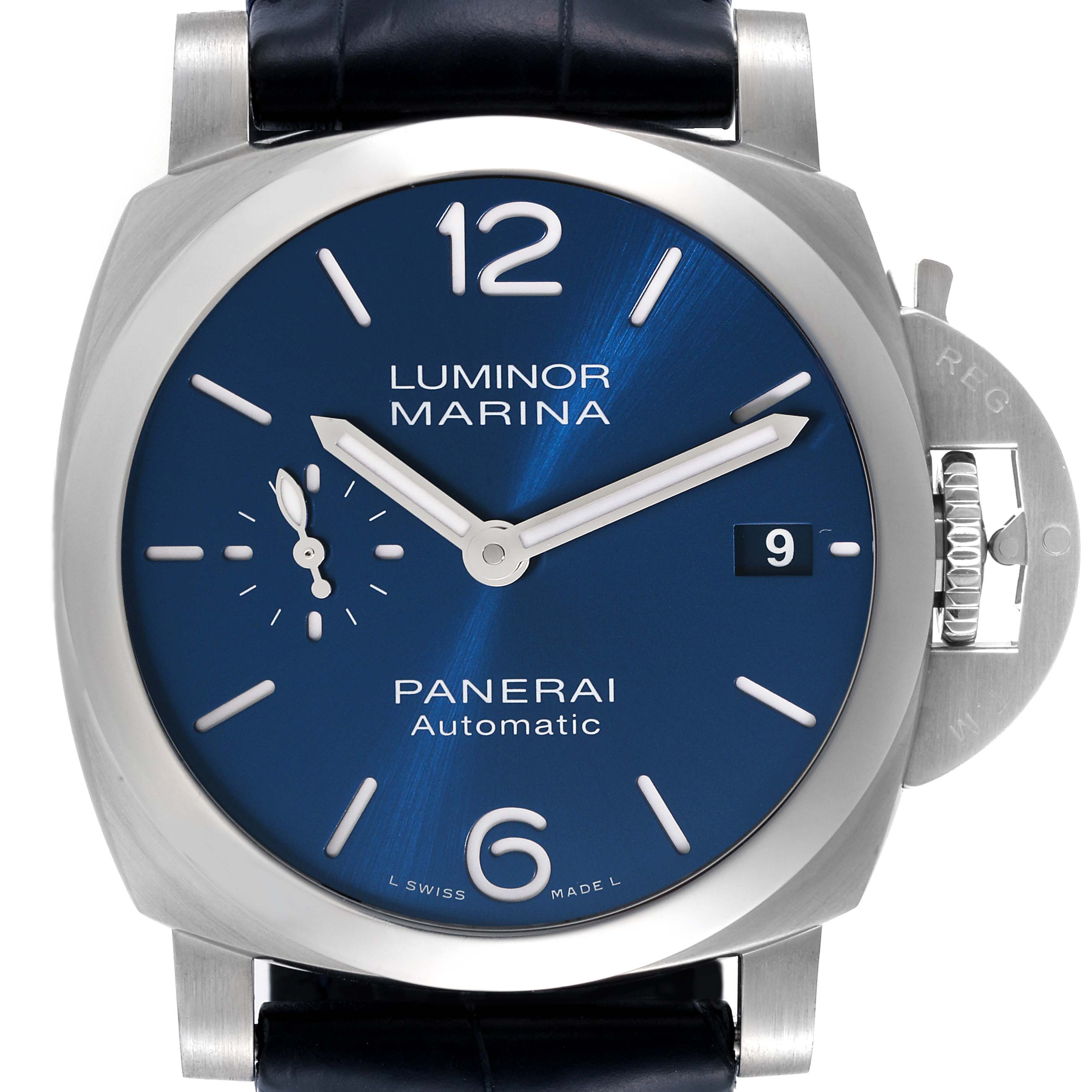 The image shows a front view of a Panerai Luminor PAM01370 Men's Stainless Steel Blue Dial PAM01370 Men's Stainless Steel Blue Dial Marina watch displaying the dial, hands, and crown guard.