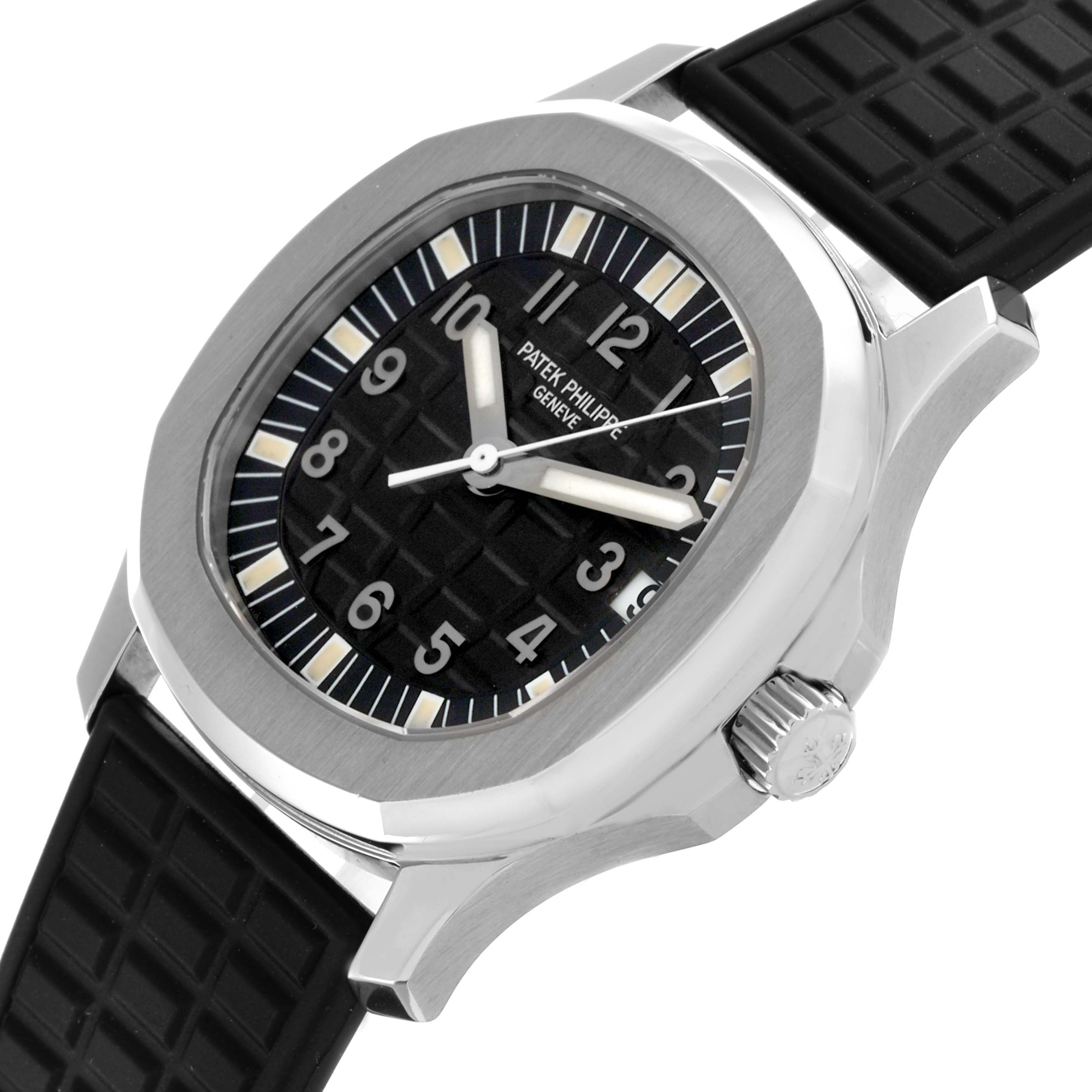 The Patek Philippe Aquanaut 5066A Men's Stainless Steel Black Dial 5066A Men's Stainless Steel Black Dial watch is shown from a three-quarter angle highlighting the dial, bezel, and crown.